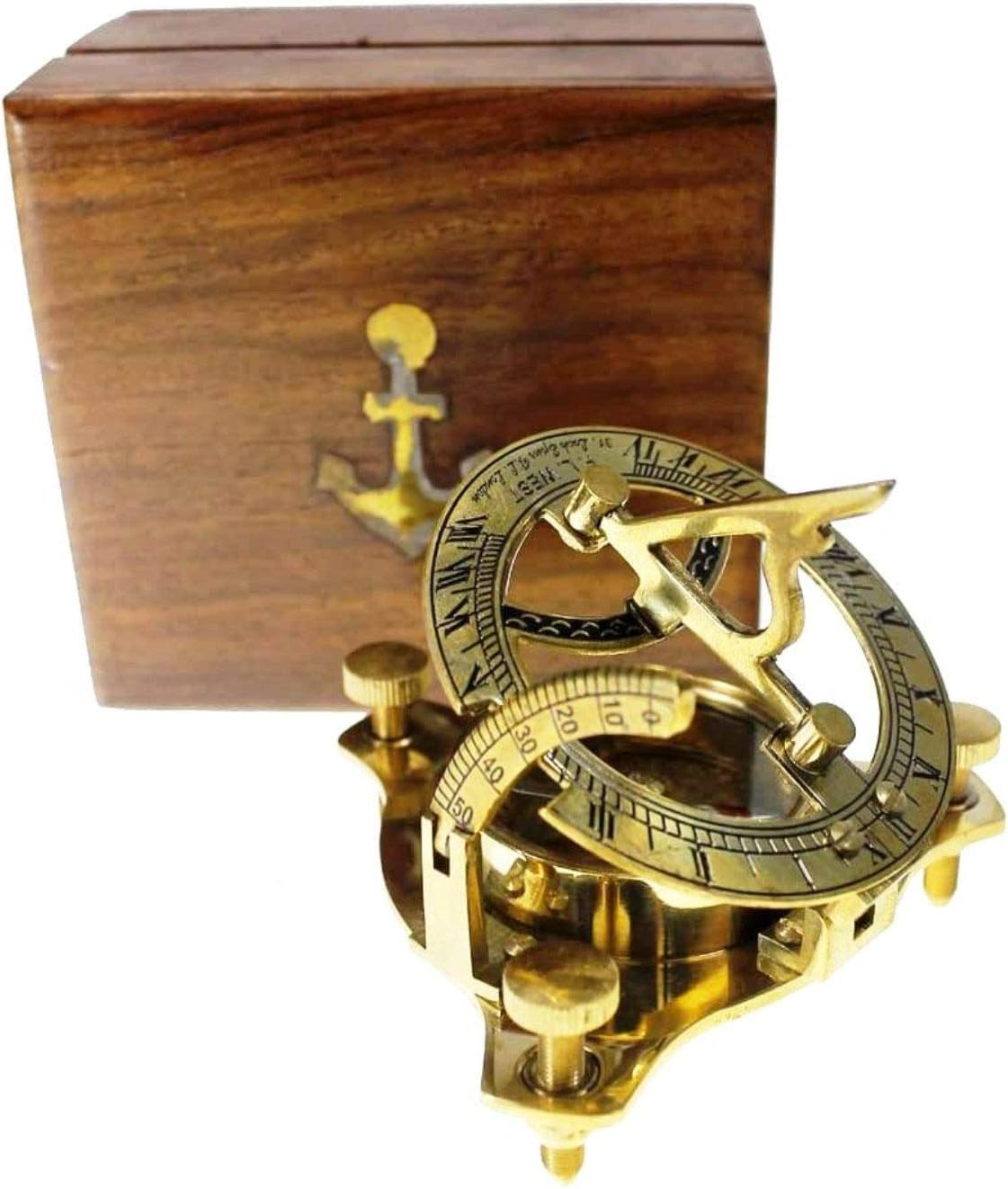 Handmade Antique Brass Sundial Compass with Wooden Box – Vintage Maritime Navigation Instrument | Working Compass for Hiking, Camping, Outdoor Adventure | Nautical Gift for Men, Collectors & Decor