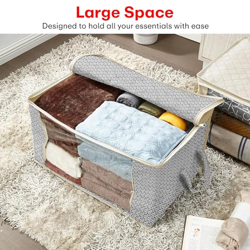 Image of PRIME PICK Foldable Storage Box with Lock Pattern Cloth Organizer, Large Capacity Wardrobe Storage Bin for Clothes Blankets Sarees, Grey, Size 28x60 CM, Pack of 1