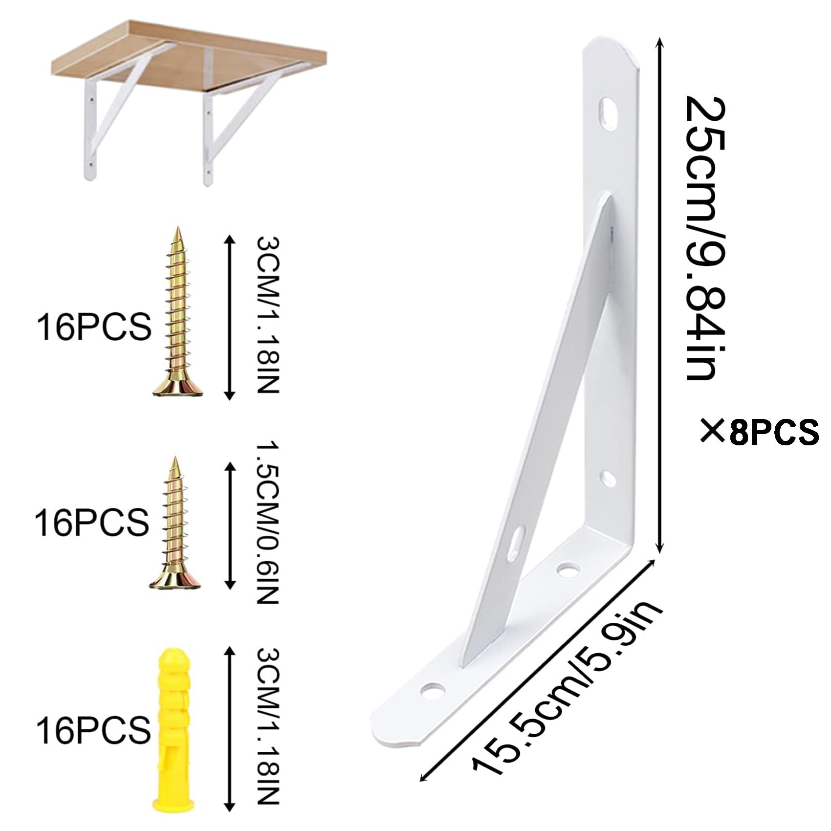 Lot de 8 équerres d'étagère triangulaires 200 x 120 mm en acier noir - charge 30 kg - Bricolage