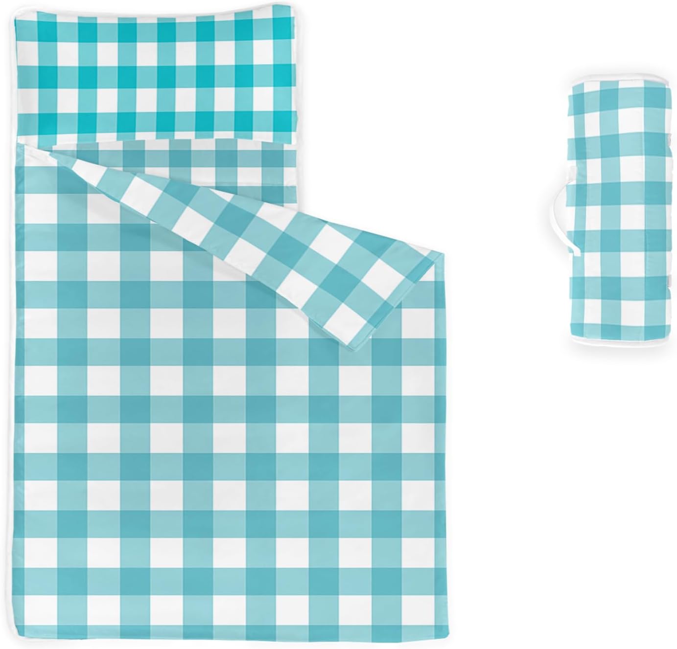 Axolotl Gingham Nap Mat with Pillow and Blanket, Teal Plaid Checkered Portable Napping Mat for Teens, Geometric Patchwork Roll Up Slumber Bag for Outdoor Hiking, Travel Camping, 50" L*21" W