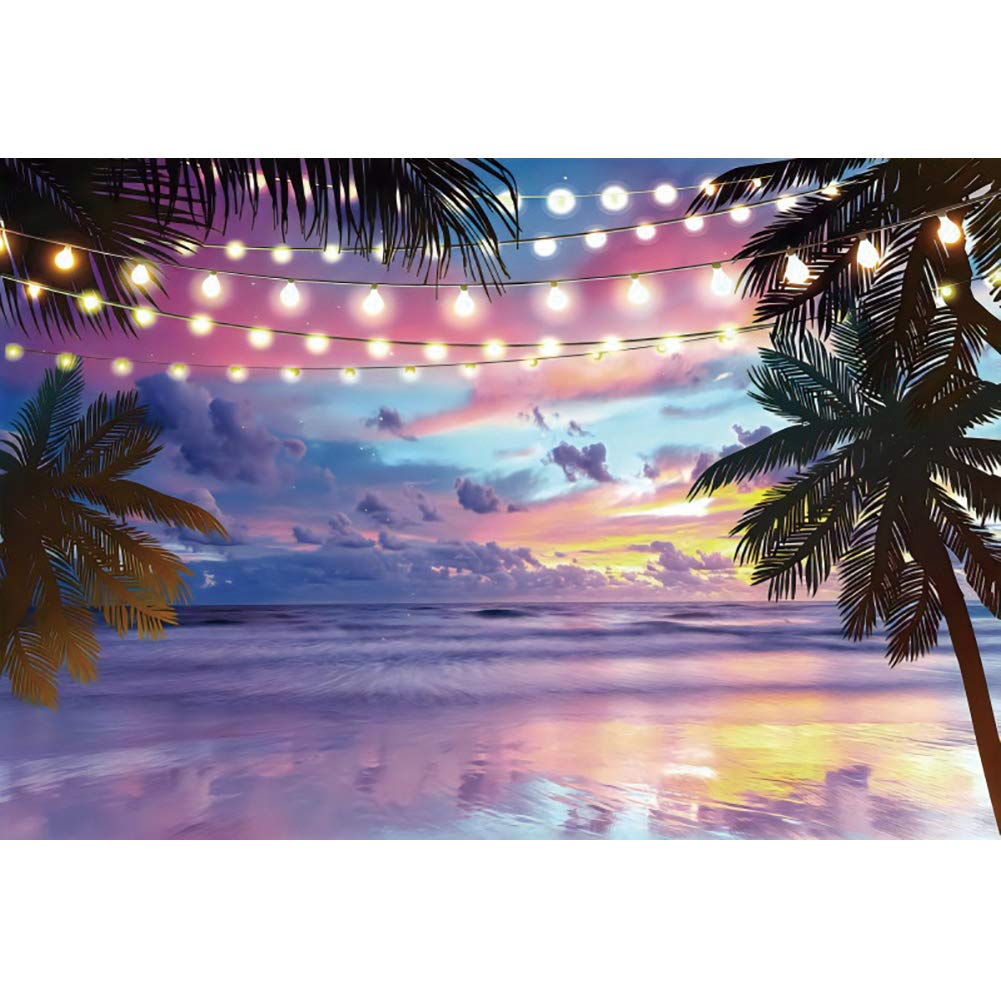 8x6FT Hawaii Sunset Beach Backdrop Summer Seaside Palm Tree Photography Background Tropical Scenery Aloha Luau Wedding Holiday Birthday Party Decorat