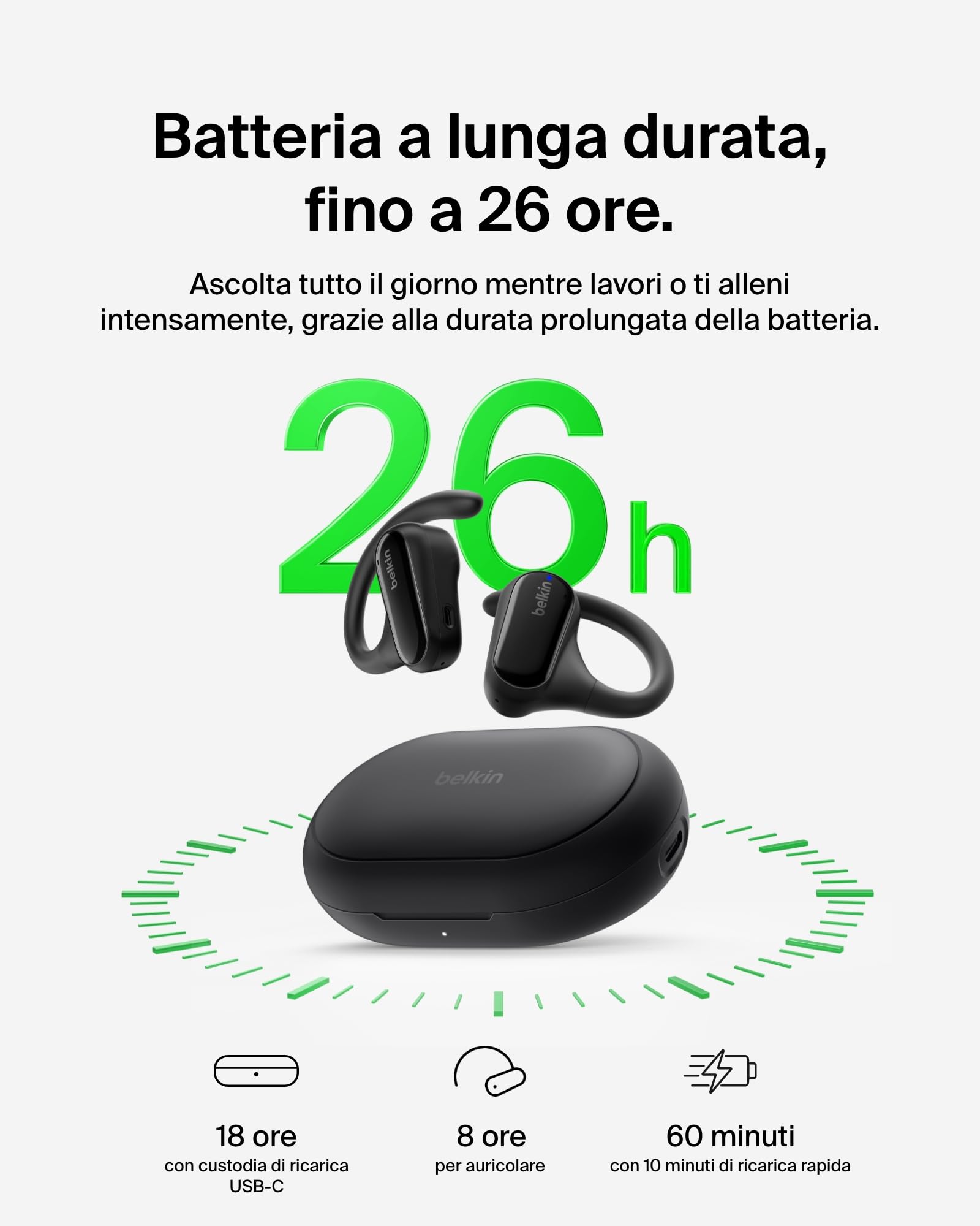 Belkin SoundForm ClearFit Auricolari Wireless Open-Ear Sportivi e Leggeri, Auricolari Bluetooth Resistenti all'Acqua (IPX5), Cuffie Wireless per Escursionismo, Ciclismo, Corsa e Altro, Nero