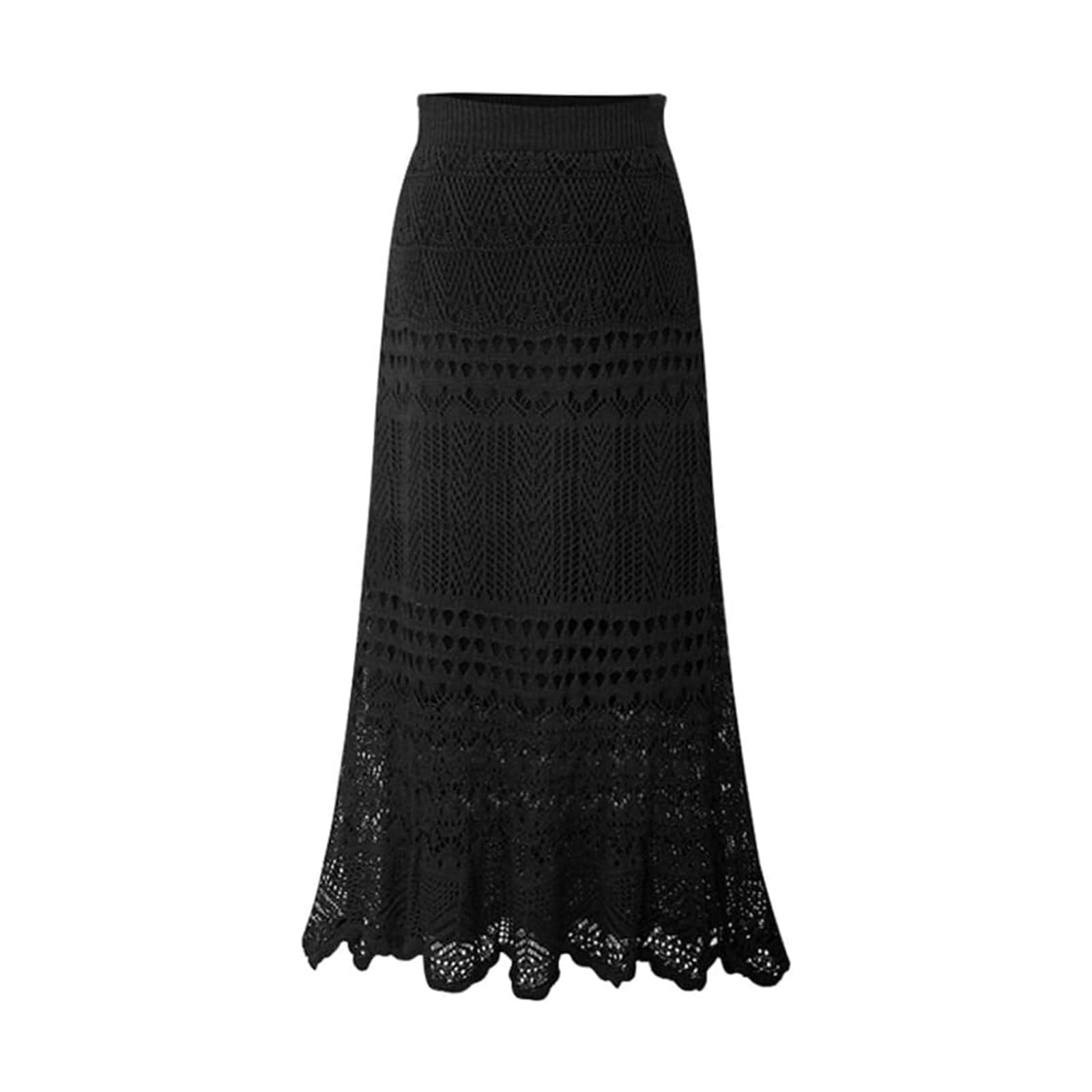 JITEM Women's Stretched Crochet Lace Knitted Hollow Out Long Skirt High Waist Knit Bodycon Long Fishtail Mermaid Skirt Black