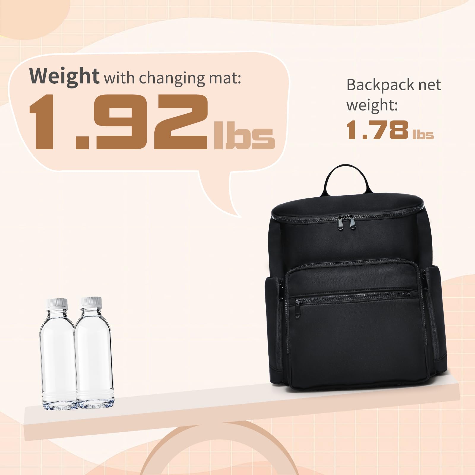 MISS FONG Zaino per pannolini, zaino in neoprene, grande zaino per pannolini con 16 organizer per pannolini, 4 tasche isolate, borsa da viaggio leggera con fasciatoio per mamma e papà
