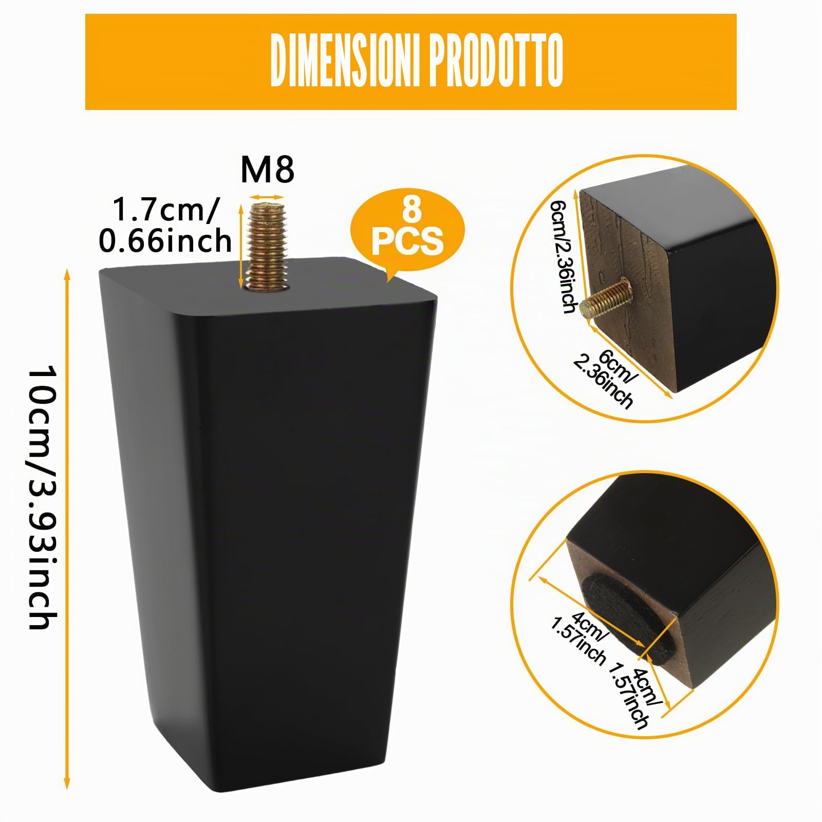 8 gambe di ricambio per divano, altezza 10 cm, piedini di ricambio per mobili in legno massello, bulloni M8 con piastra di montaggio e viti, per divano, poltrona, cassettiera, nero