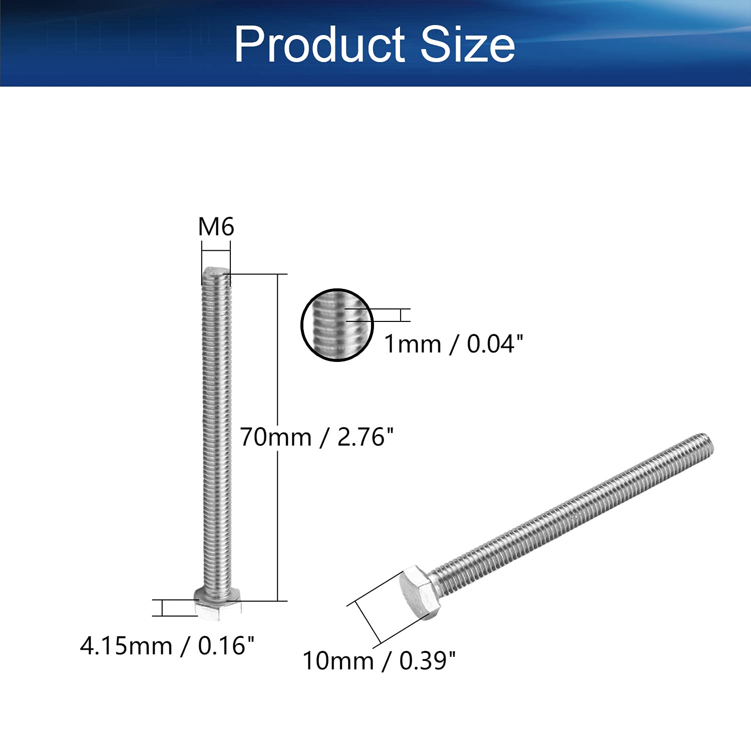 M6 Hex Bolt M6-1 x 70mm Hex Bolt UNC Hex Head Screw Bolts 304 Stainless Steel Fully Threaded Hex Tap Bolts 15pcs