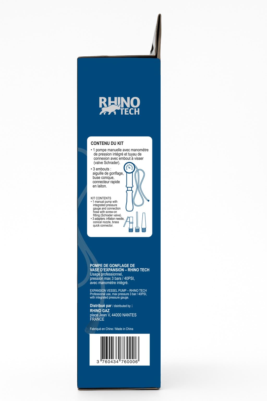 Pompe Manuelle pour Vase d'Expansion RHINO TECH, Manomètre 3 Bar/40 PSI, Double Action, Tuyau Rallongé 70 cm