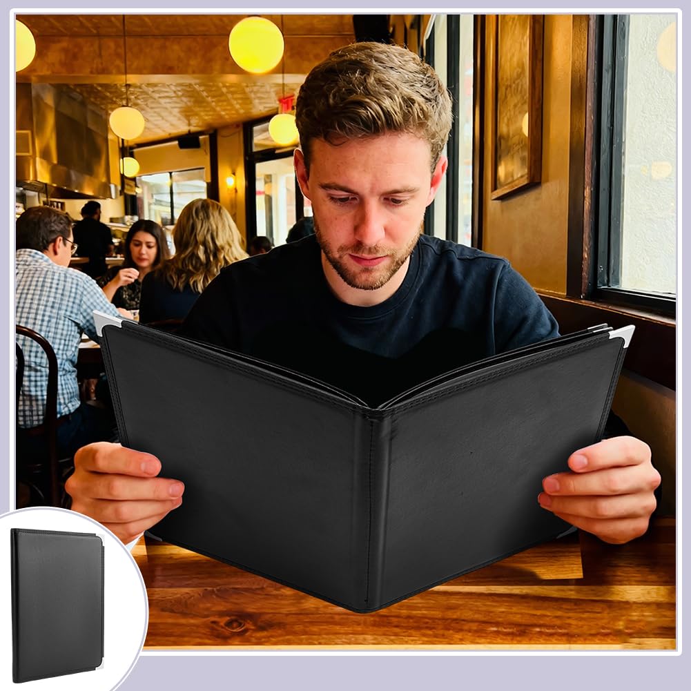 FINGERINSPIRE 2 Stück Speisekartenmappe Im A4 Format Aus PU Leder Mit Klarsichthüllen 4 Seite 8 Anzeigen Schwarz Fleckenabweisend Austauschbare Seiten Ideal Für Cafés Bistros Und Bars