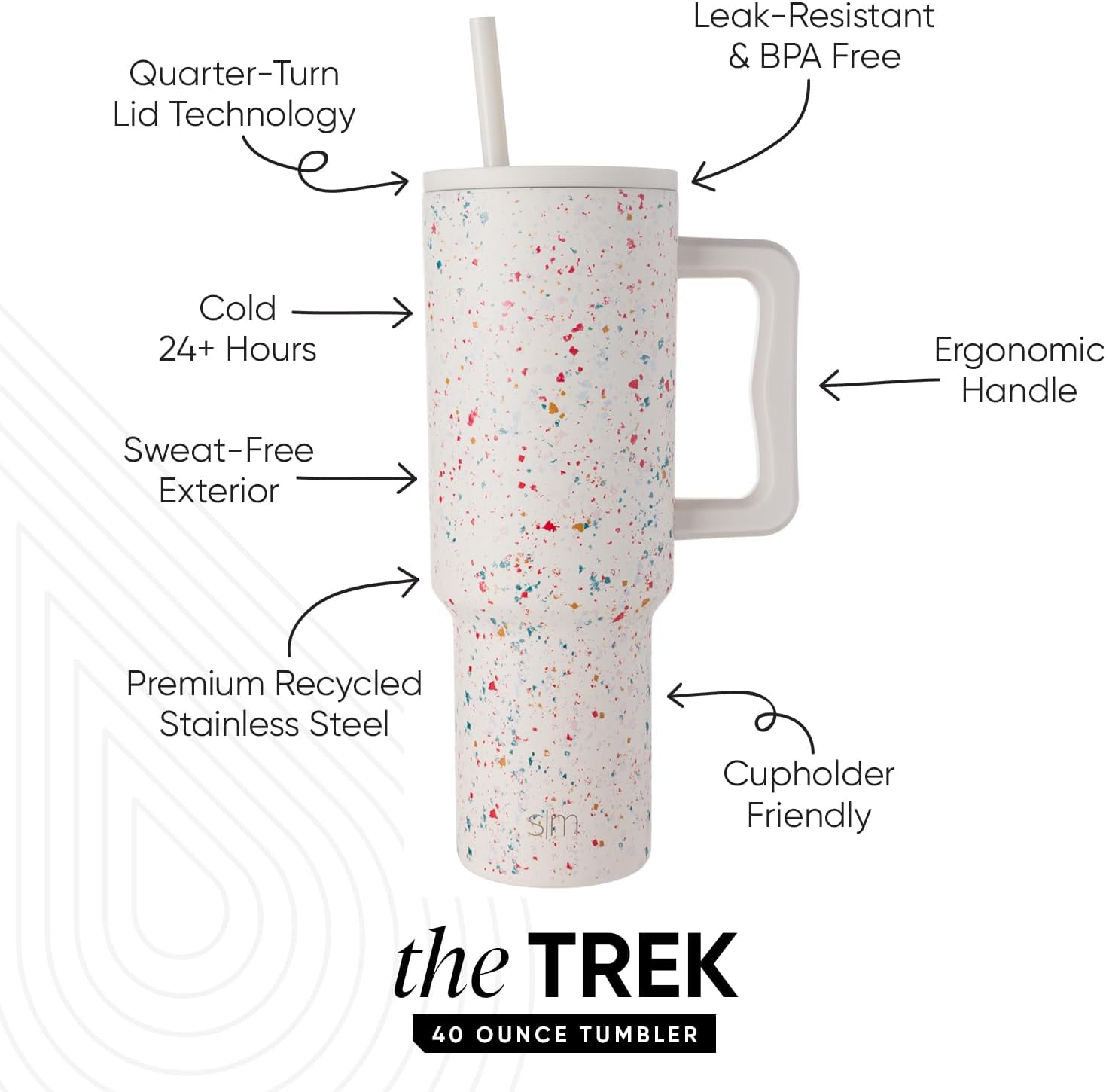 Simple Modern 40 oz Trek Tumbler with Handle and Straw Lid | Cup Holder Friendly Insulated Stainless Steel Travel Mug | Cream Terrazzo - Image 2