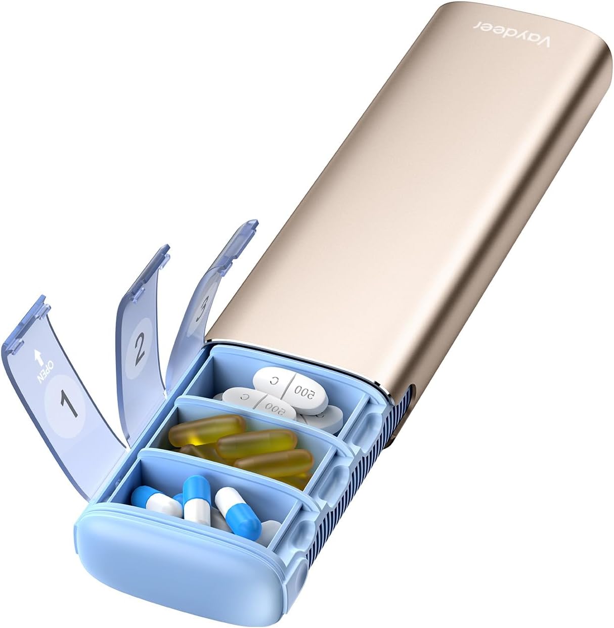 vaydeer metal travel pill organizer, 7 day weekly pill box, large capacity daily cute pill case for supplements, pills, vitamins and medication (small, champagne) champagne small