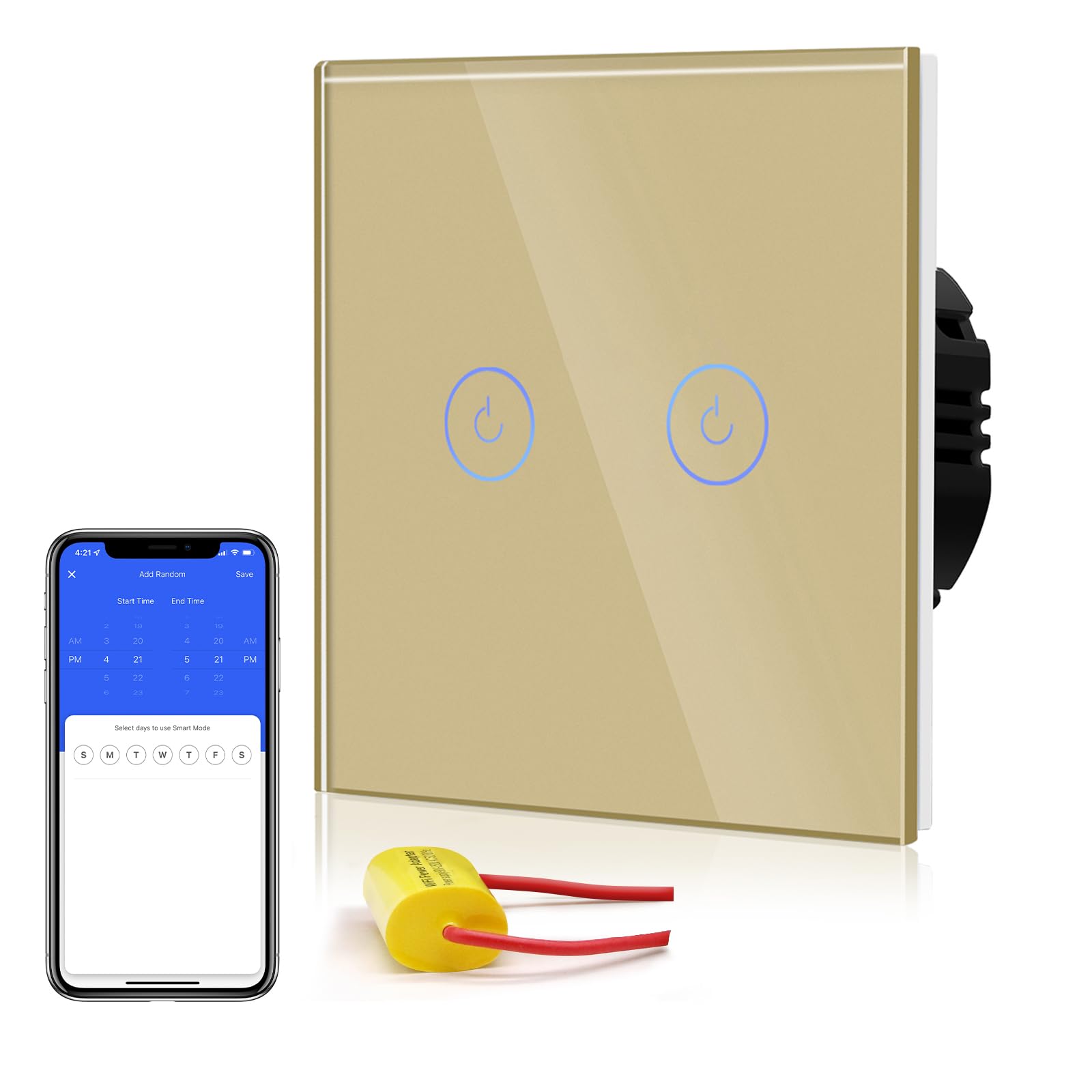 BSEED Smart Light Switch,Wifi Touch Wall Switches With Glass Panel,LED Lights,Work with Alexa/Smart Life App Control,Without Neutral Wire,2 Gang 1 Way,86mm Gold