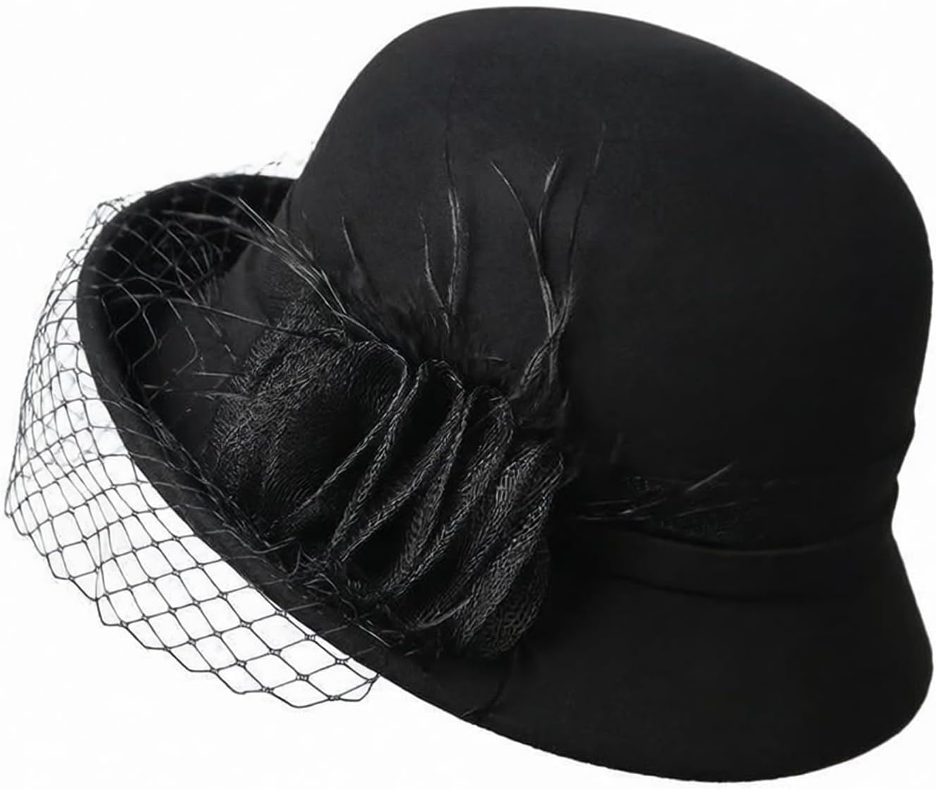 Elegant Women's Wool Cloche Hat with Veil and Feather Accent, Vintage Style Bucket Hat, Adjustable 56-58cm