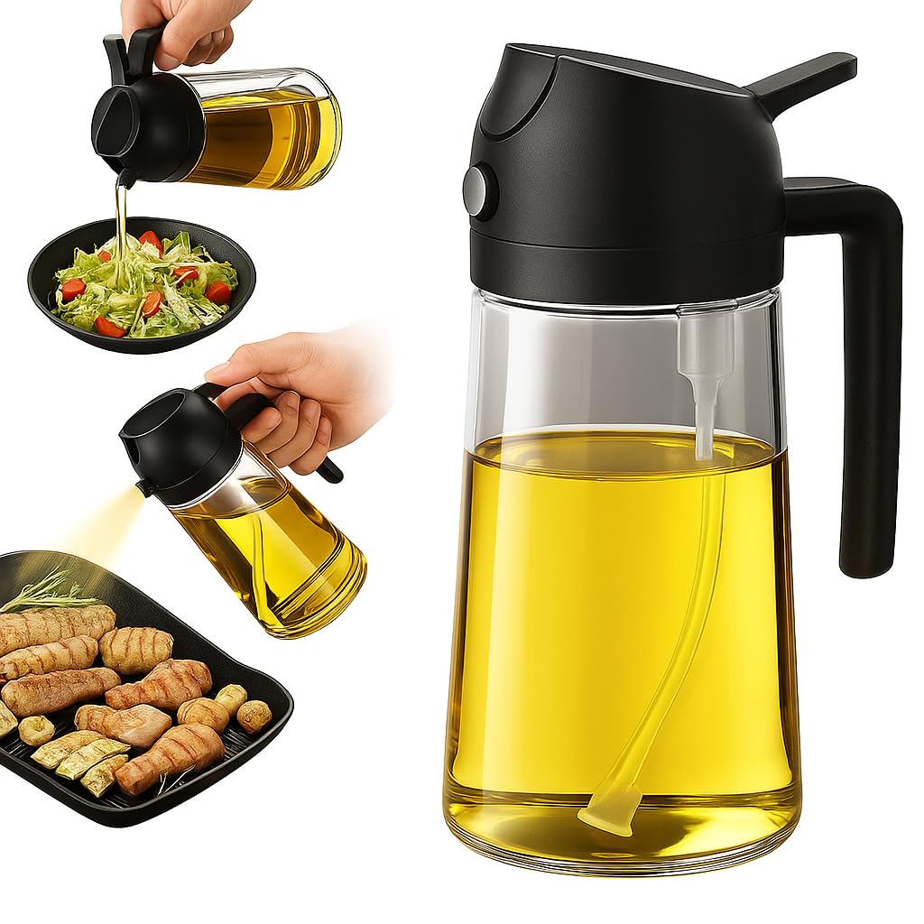 Wanishq Black 16Oz/470Ml Glass Olive Oil Sprayer For Cooking - 2 In 1 Olive Oil Dispenser For Kitchen Gadgets, Air Fryer, Salad, And Bbq