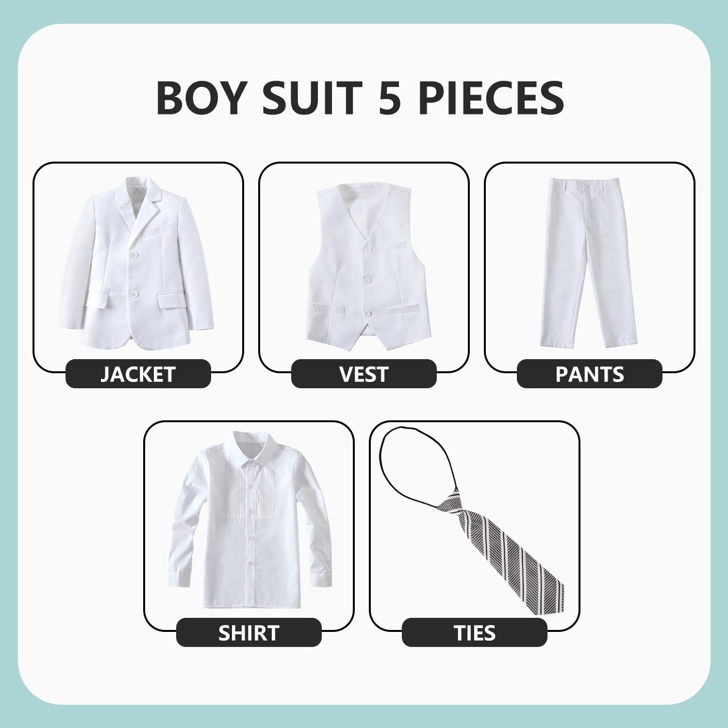 Boys' 5 Piece Formal Suit Set with Suit Jacket, Vest, Pants, Collared Dress Shirt, and Tie