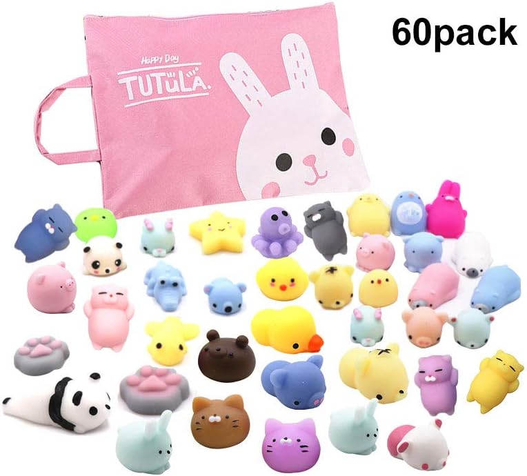 Siwo 60pcs Mochi Squishy Toys,Assorted Animal Squishies and Storage Bag,Stress Relief Toy and Best Gift for Kids