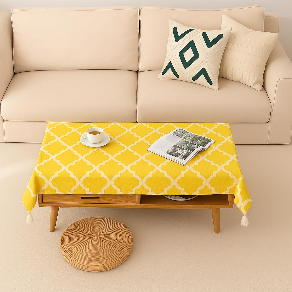 WWW.THROWPILLOW.IN Yellow Diamond Print Corner Tassel Boho Printed Dining Table Cover Rectangle Shape 24"x 48", Anti Skid Table Cloth for 3 Feet Center Coffee Table Cover|Living Room Diwali Decor-image-27