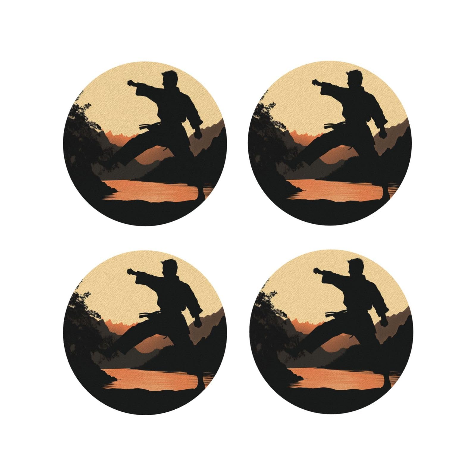 4Pcs PU Leather Coaster for Drinks, Karate Cup Coastersr 4" Cup Mat Pad, Aesthetic Drink Coasters for Coffee Table, Round Shape Coaster for Tabletop Protection