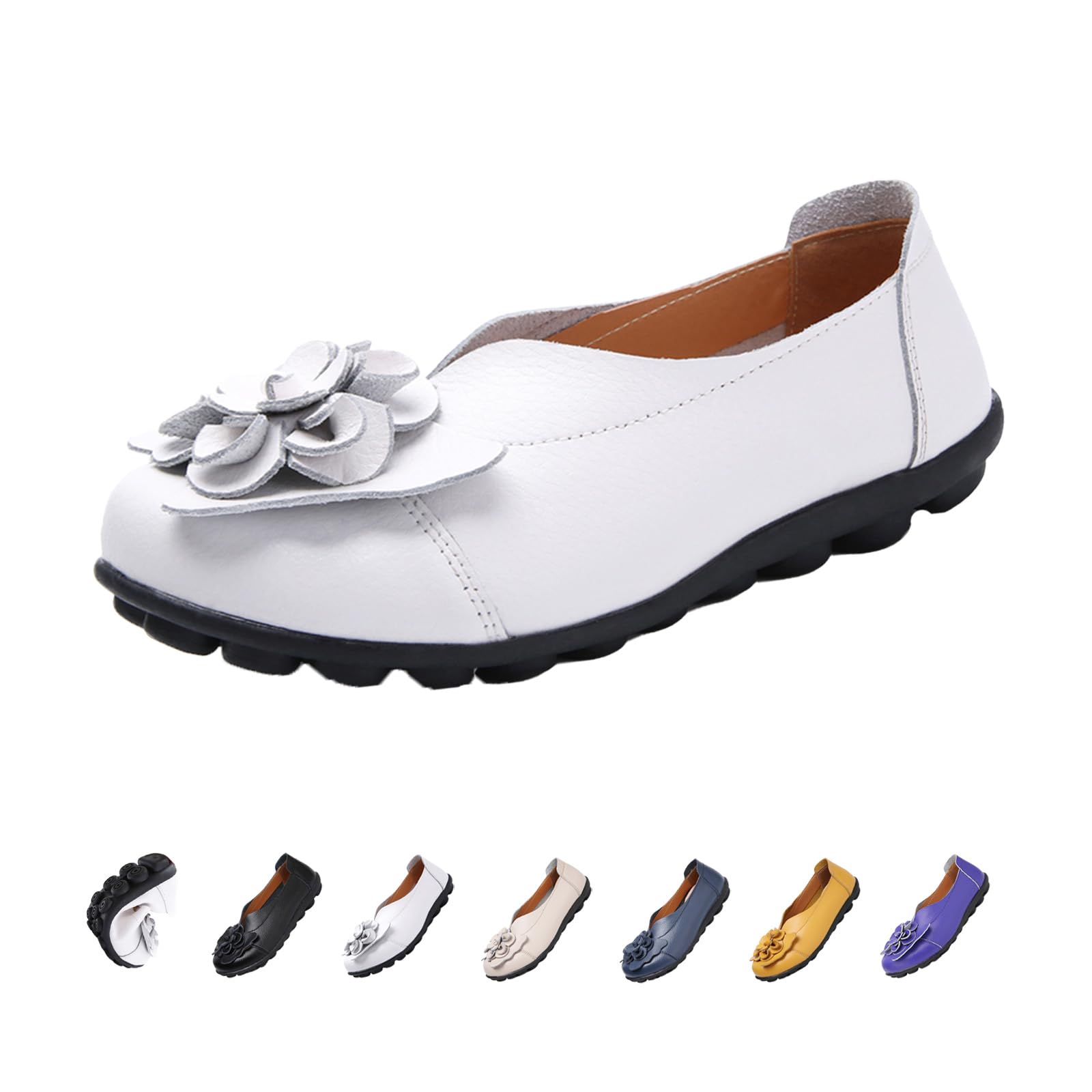 Women's Leather Slip On Loafers,Vintage Handmade Cute Bow Flower Comfy Non-Slip Softsole Walking Casual Dress Pumps