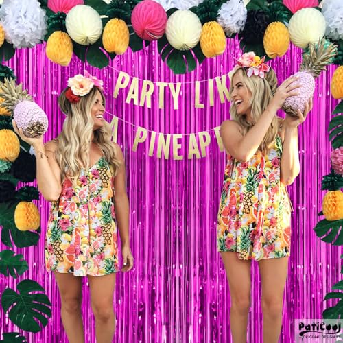 Image of Thicken Hot Pink Streamers 4 Pack 3.2x8.2 FT, Hot Pink Tinsel Fringe Backdrop Curtains for Birthday, Luau, Hawaiian Party Decorations
