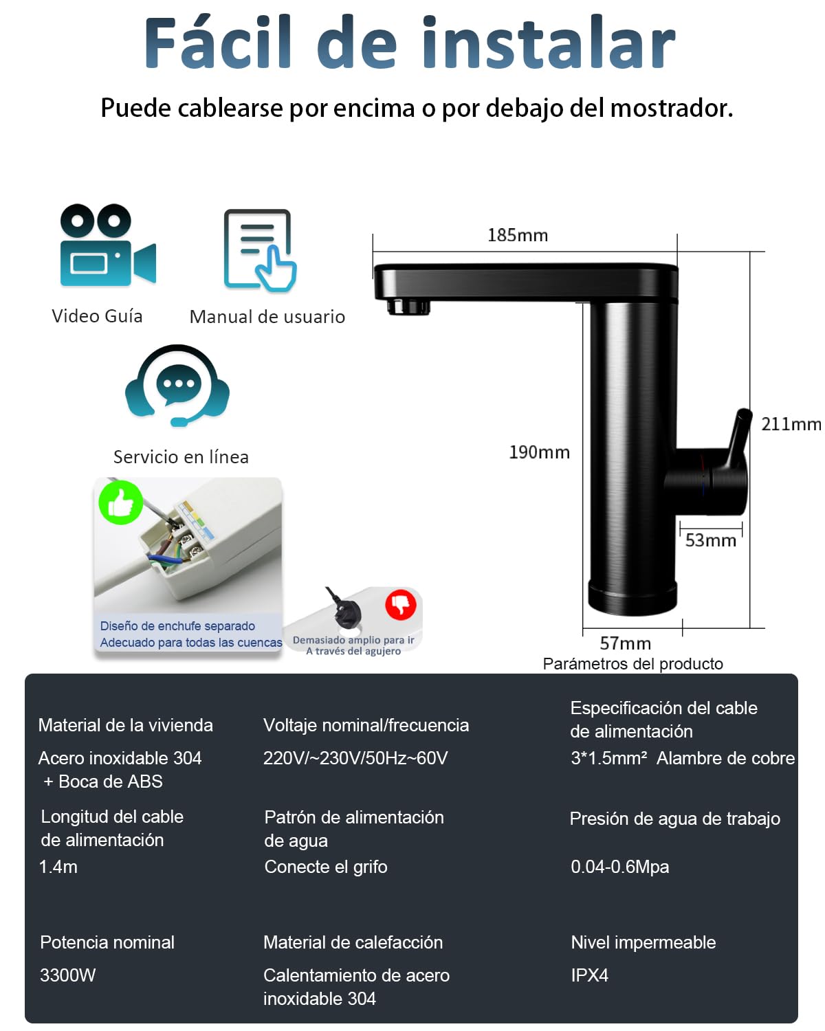 Grifo de calentador de acero inoxidable, Grifo eléctrico con calentador de corriente con indicador de temperatura digital, Salida giratoria de 120 grados, Instalaciones de baño eléctricas