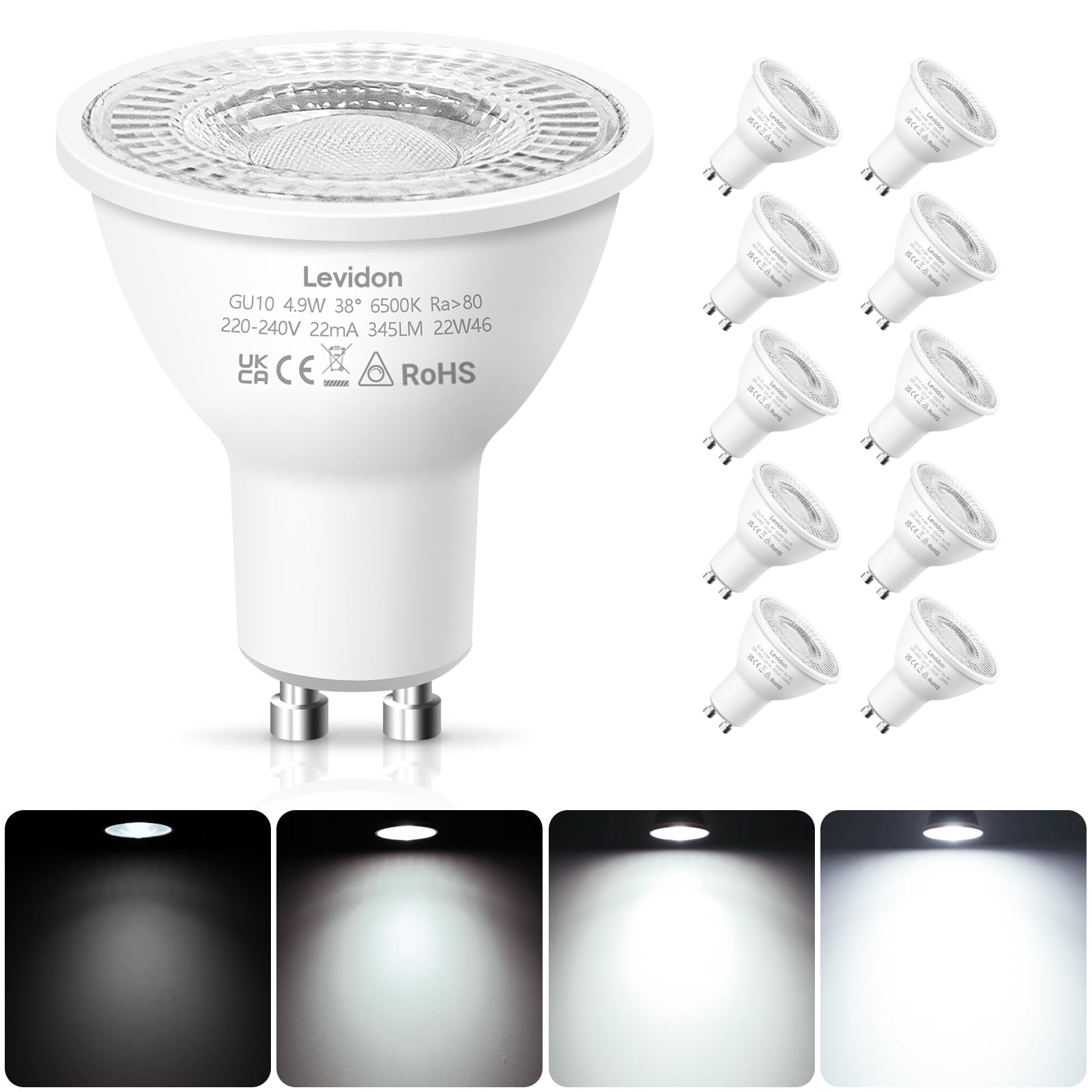 Levidon GU10 LED Bulbs Dimmable, 4.9W LED GU10 Bulbs Dimmable, Cool White 6500K, 50W Halogen Spotlight Equivalent, 220-240V 38° Beam Angle Energy Saving - Pack of 10