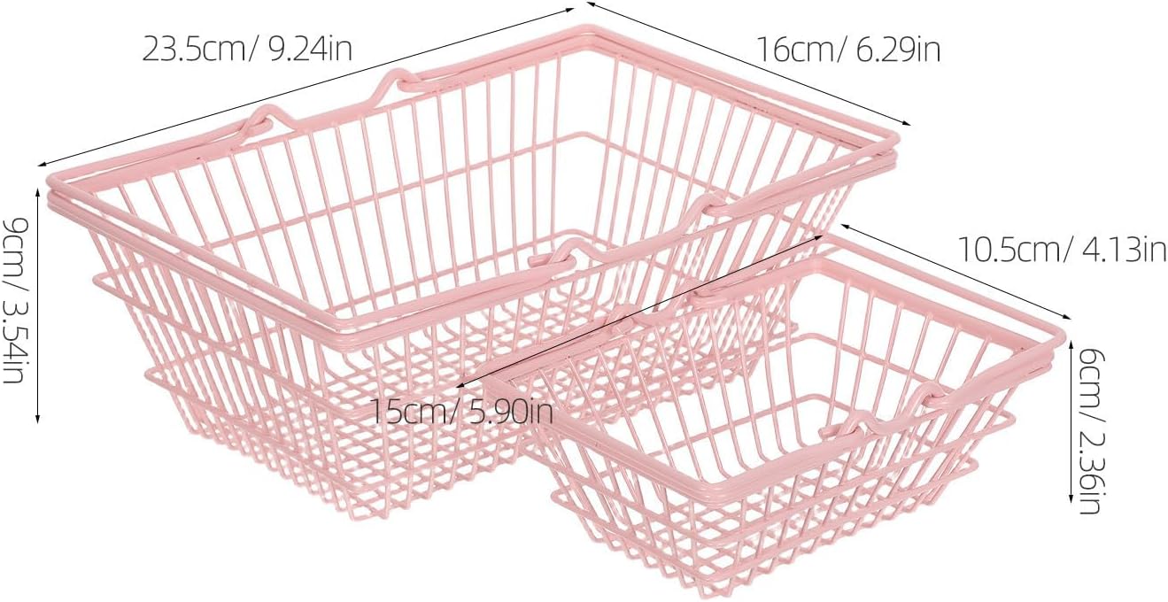 Ipetboom 2pcs Pink Iron Shopping Basket with Handles for Countertop Storage