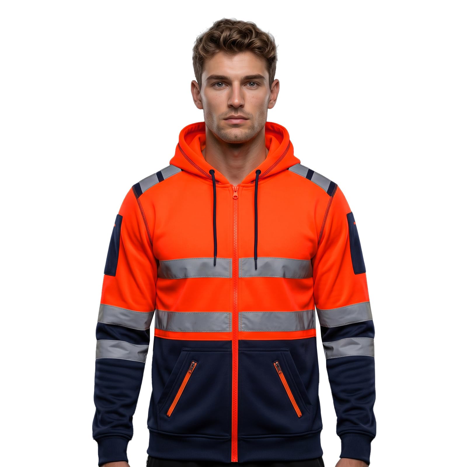 Mens Hi Vis Zipper Hoodie Sweatshirt Safety Work High Viz Reflective Tape Multi Zipped Pockets Hoodie Yellow Orange High Visibility Sweatshirt Top