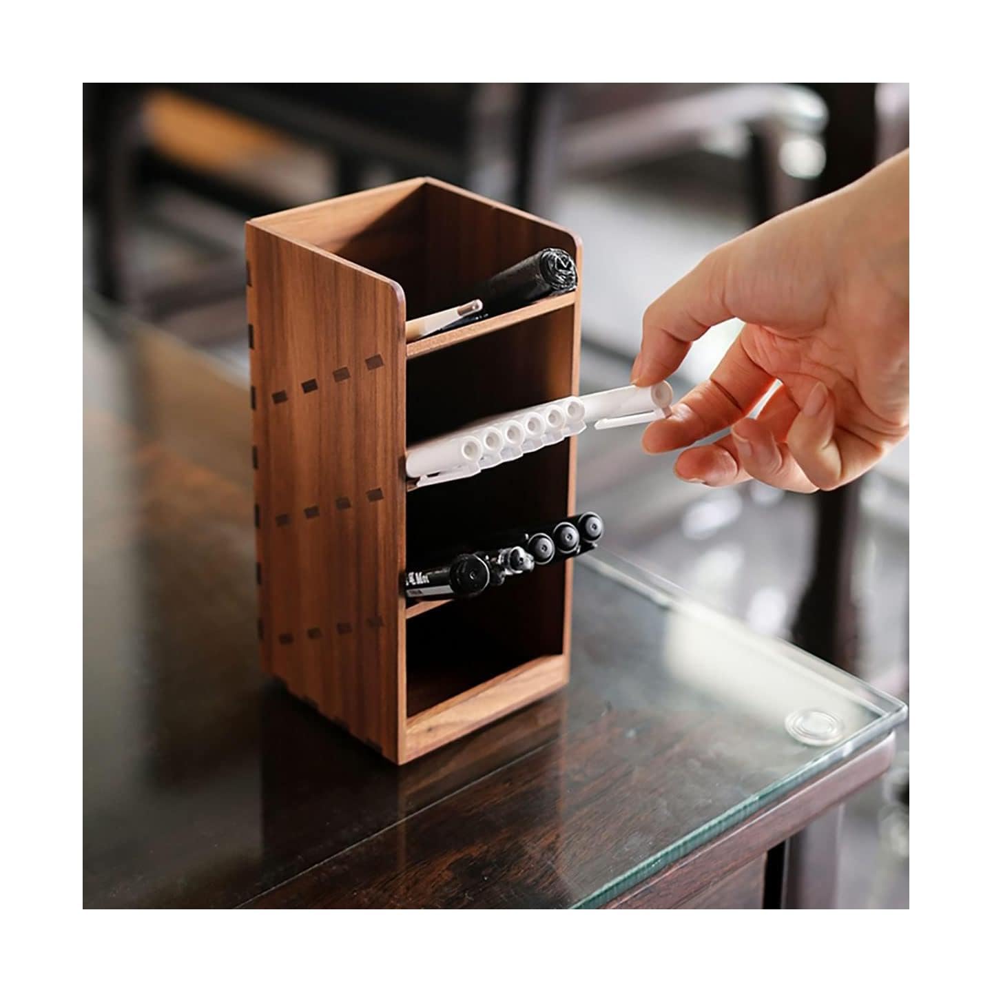 NALsa Confezione da 1 Penna da scrivania in Legno di Noce Nera, Matita, Scatola portapenne con 4 Scomparti, Materiale di cancelleria, Materiale Scolastico, portapenne, Scatola portaoggetti