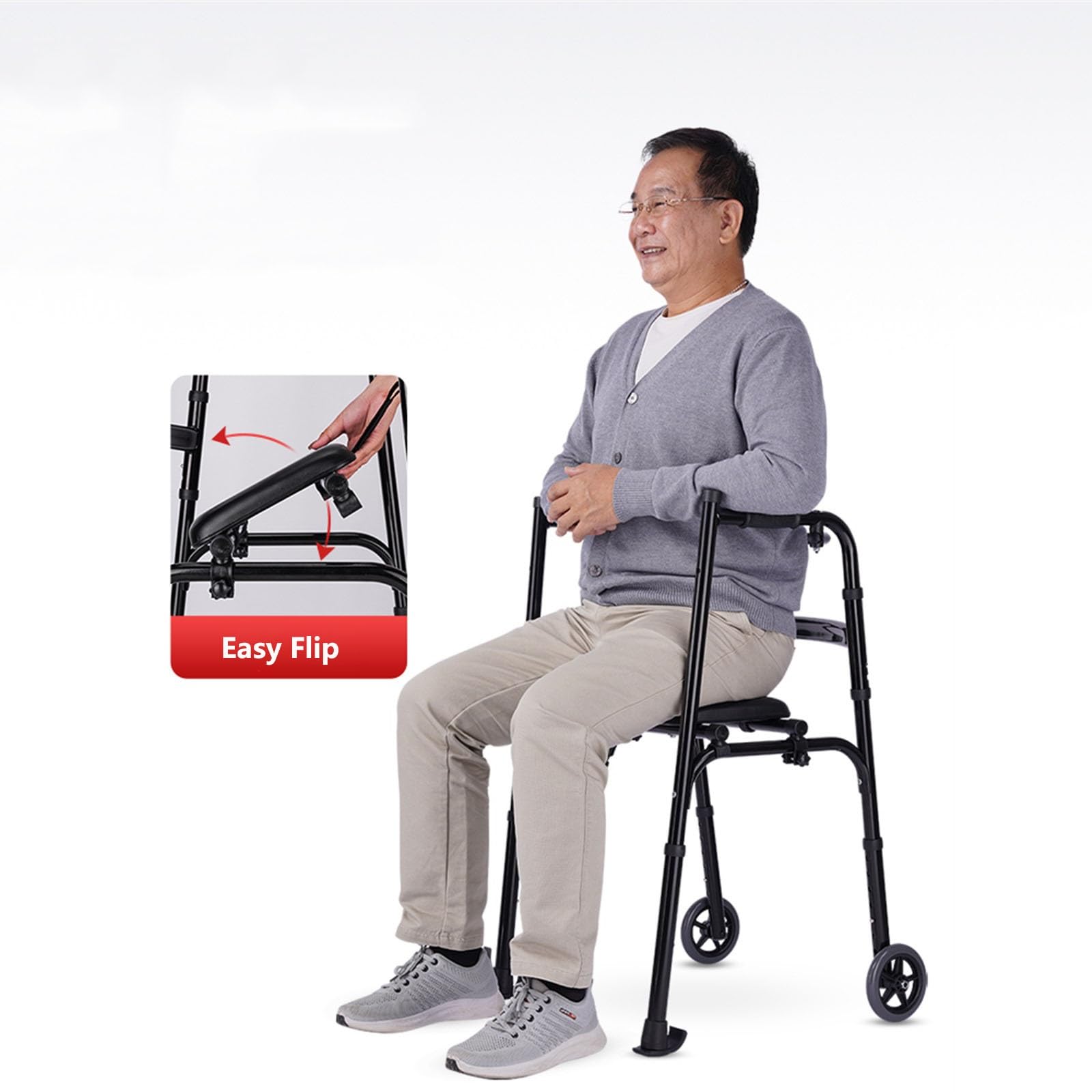 Chodzik Rollator Chodzik na kółkach z siedziskiem dla osób niepełnosprawnych ruchowo, z regulacją wysokości, składany, regulowane uchwyty, chodzik na kółkach dla seniorów Pomoce do chodzenia