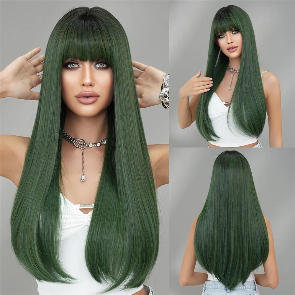 Perruque de cosplay à reflets blonds naturels et vert clair lisse