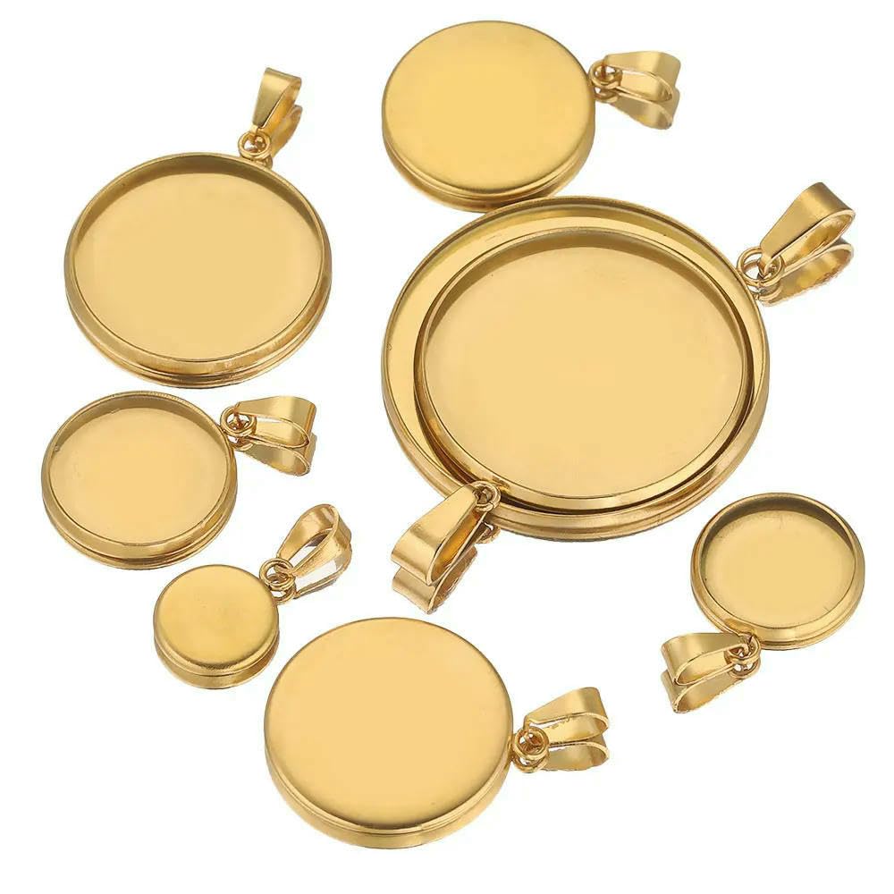 TPIONEER 10pcs Gold PVD Stainless Steel Cabochon Bezel Trays, Sizes 6-30mm, for Pendant & Cameo Jewelry