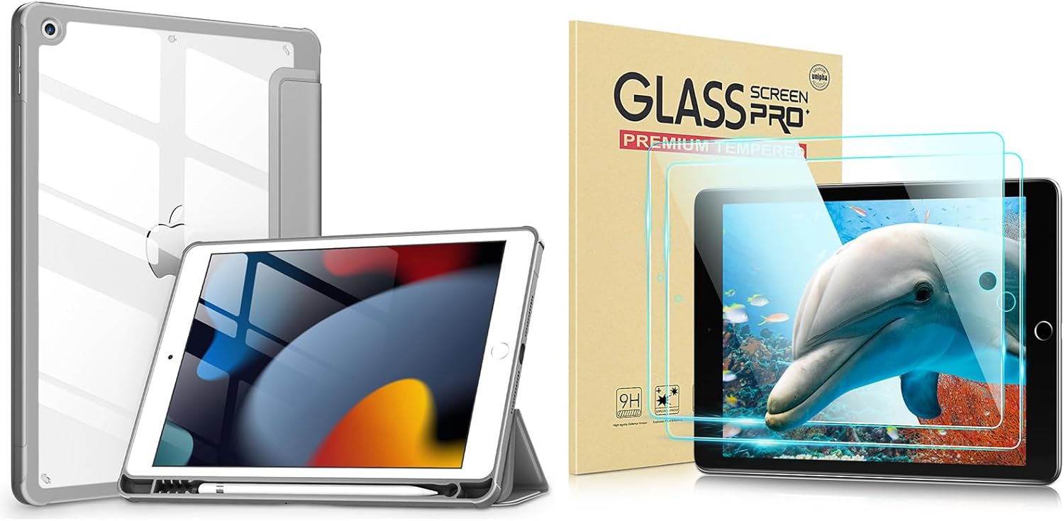 iPad 10.2 Inch Clear Gray Case and 2 PC Tempered Glass