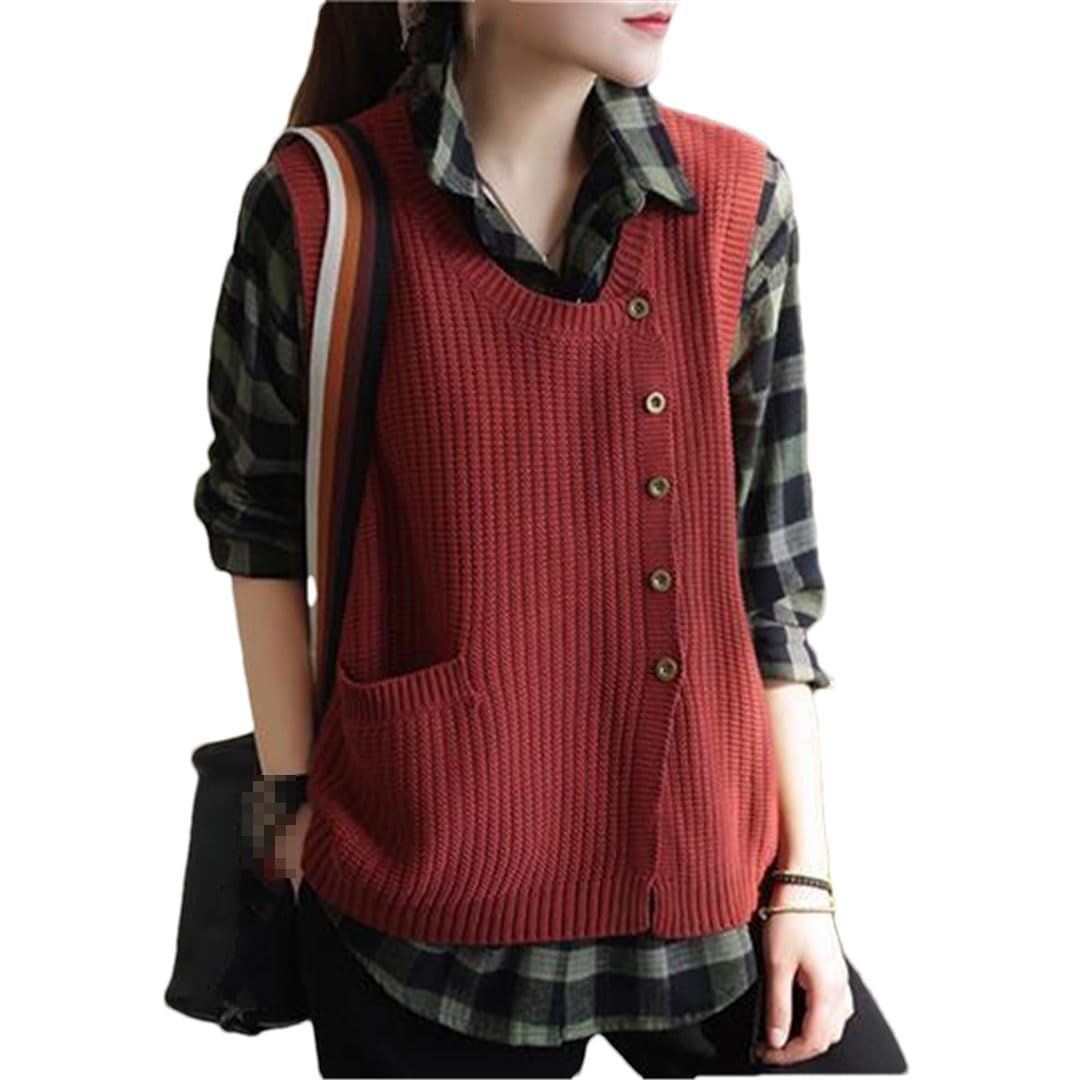 Cárdigan De Punto Sin Mangas con Cuello Redondo Y Un Solo Pecho para Mujer, Chaleco Informal con Bolsillo Suelto
