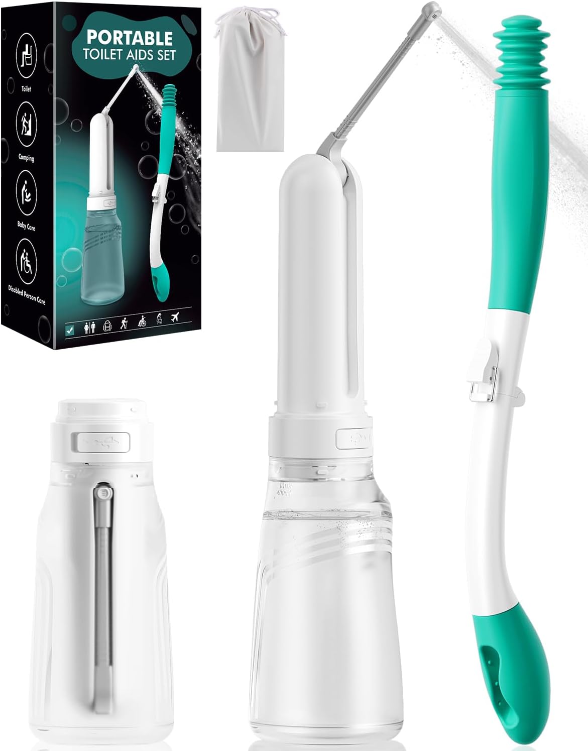 Portable Bidet Toilet Aid Wiper Tool Set for Travel - 400ML Bottle - 3 Pressure Modes - IPX7 Waterproof - Compact & High-Powered with Dust Bag for Wiping and Personal Hygiene