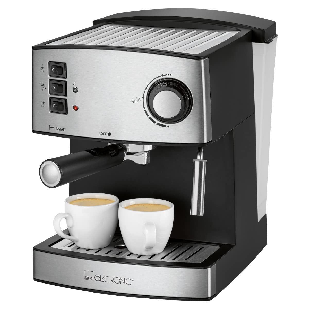 Clatronic® Espressomaschine | kleine Kaffeemaschine | 15 bar Pumpdruck | 1,6 Liter transparenter Wassertank (abnehmbar) | 2 Edelstahldüse mit Aufschäum- und Heißwasserfunktion | 850 Watt | ES 3643