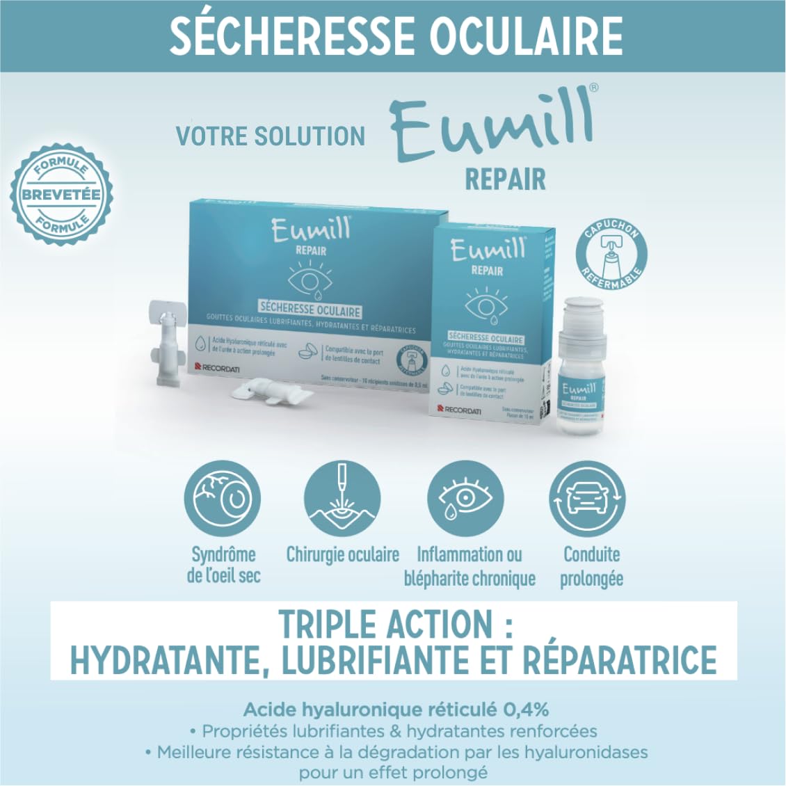 EUMILL | Repair | Sécheresse oculaire | Gouttes oculaires lubrifiantes, hydratantes & réparatrices | Acide hyaluronique réticulé | Compatibles avec lentilles de contact | Enfant plus de 3 ans | 10 ml