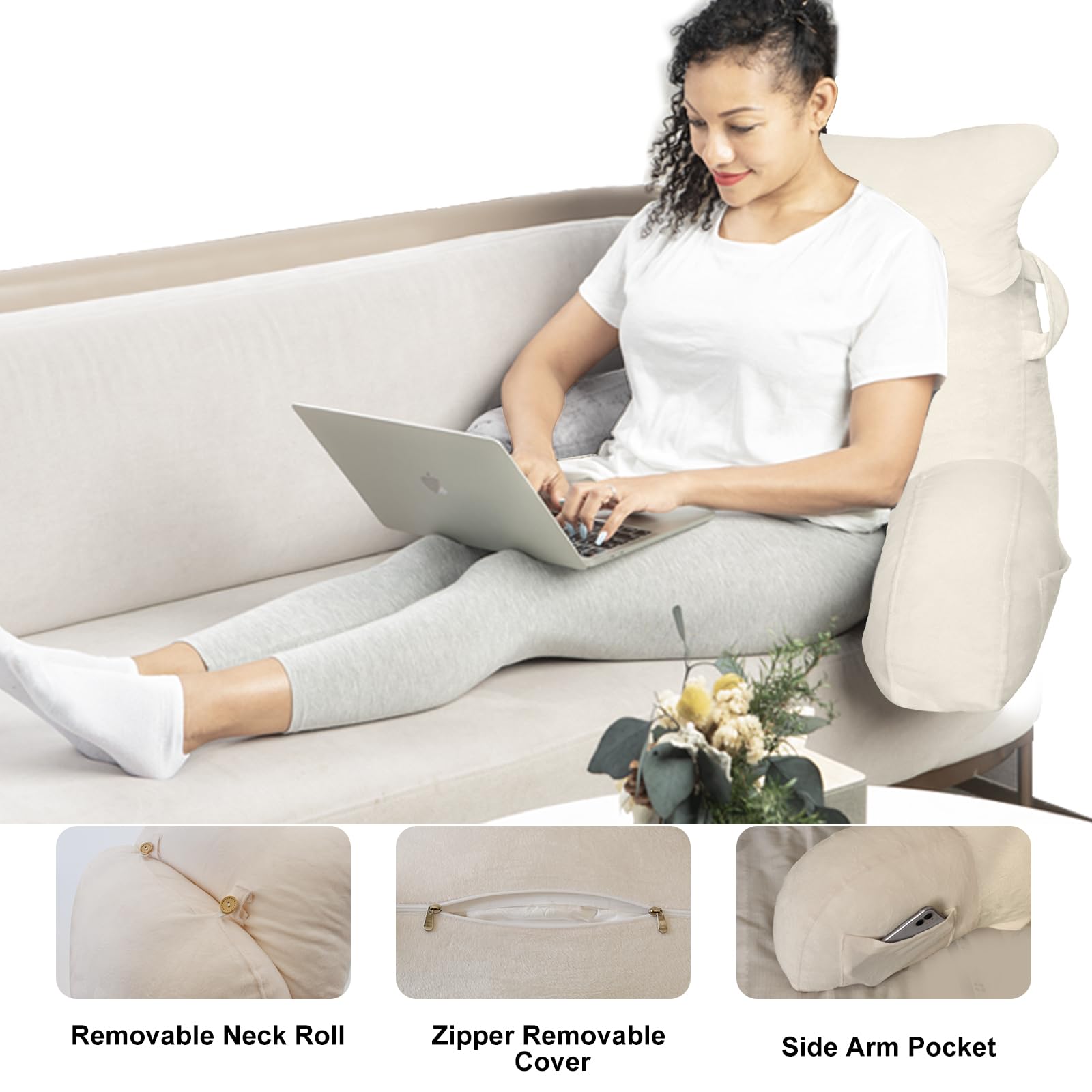 Leeskussen met armleuning voor volwassenen, laptoptafel voor bankbed, gaming-kussen met rugkussen en armkussens om in bed, uit te rusten, werken, laptoptafel, bed, dienblad