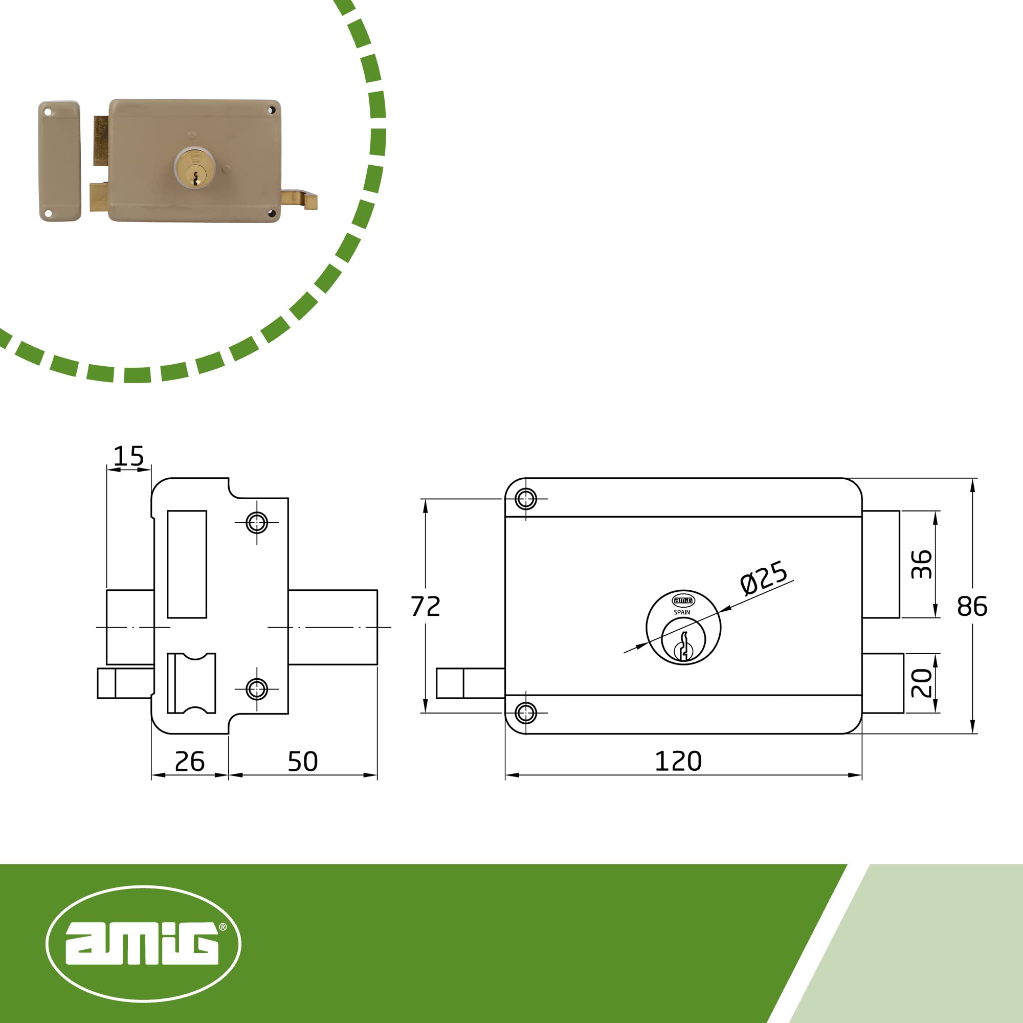 Amig - Cerradura de Sobreponer de Izquierda con palanca de Cierre, Lengüeta y Tirador para Puertas de Madera Mod. 78-120 x 85 mm - Pestillo con Cilindro Redondo de Serreta - Acero Beige