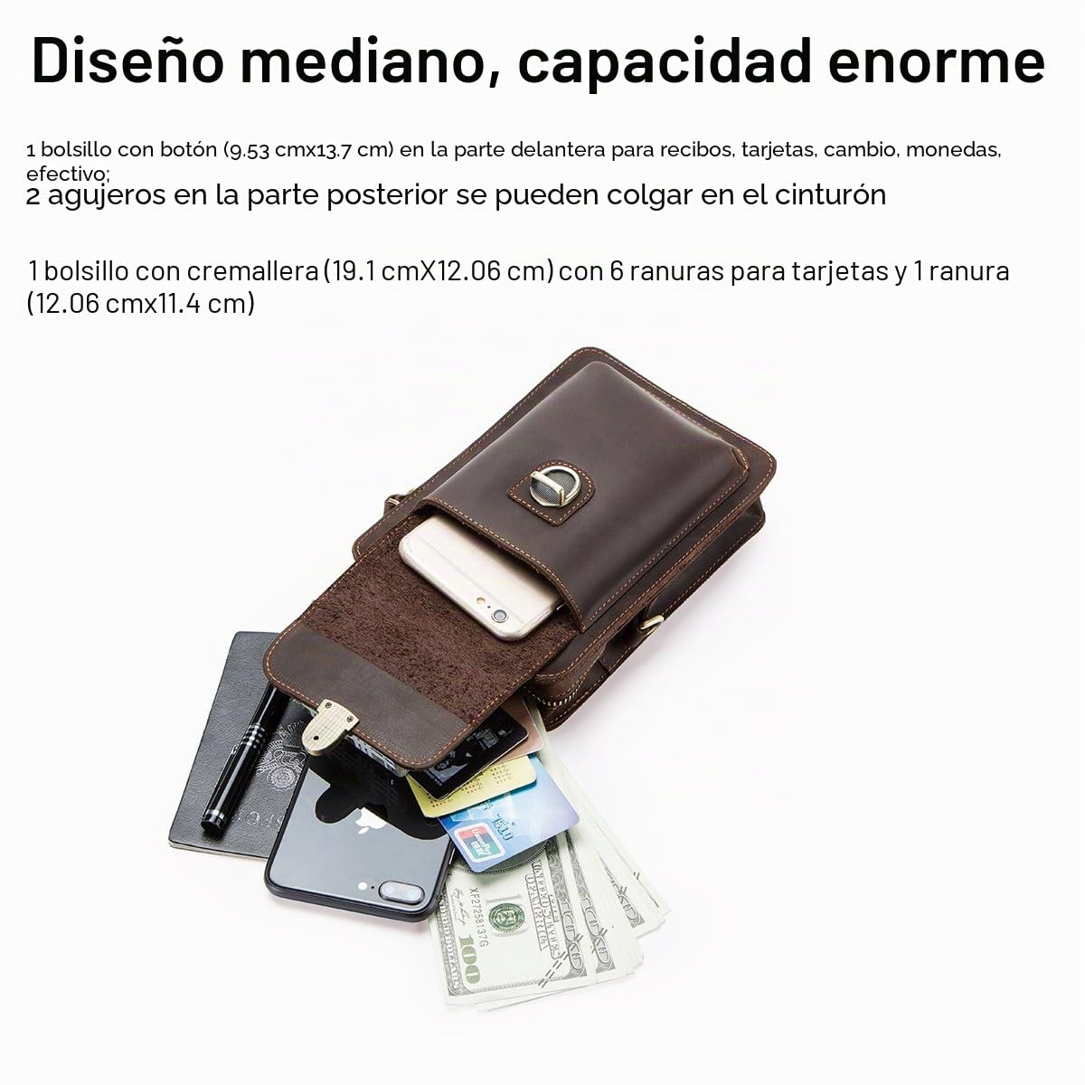 Contactos Riñonera de Cuero Genuino para Hombre Bolsa pequeña para teléfono móvil, Tarjeta, Moneda, Monedero