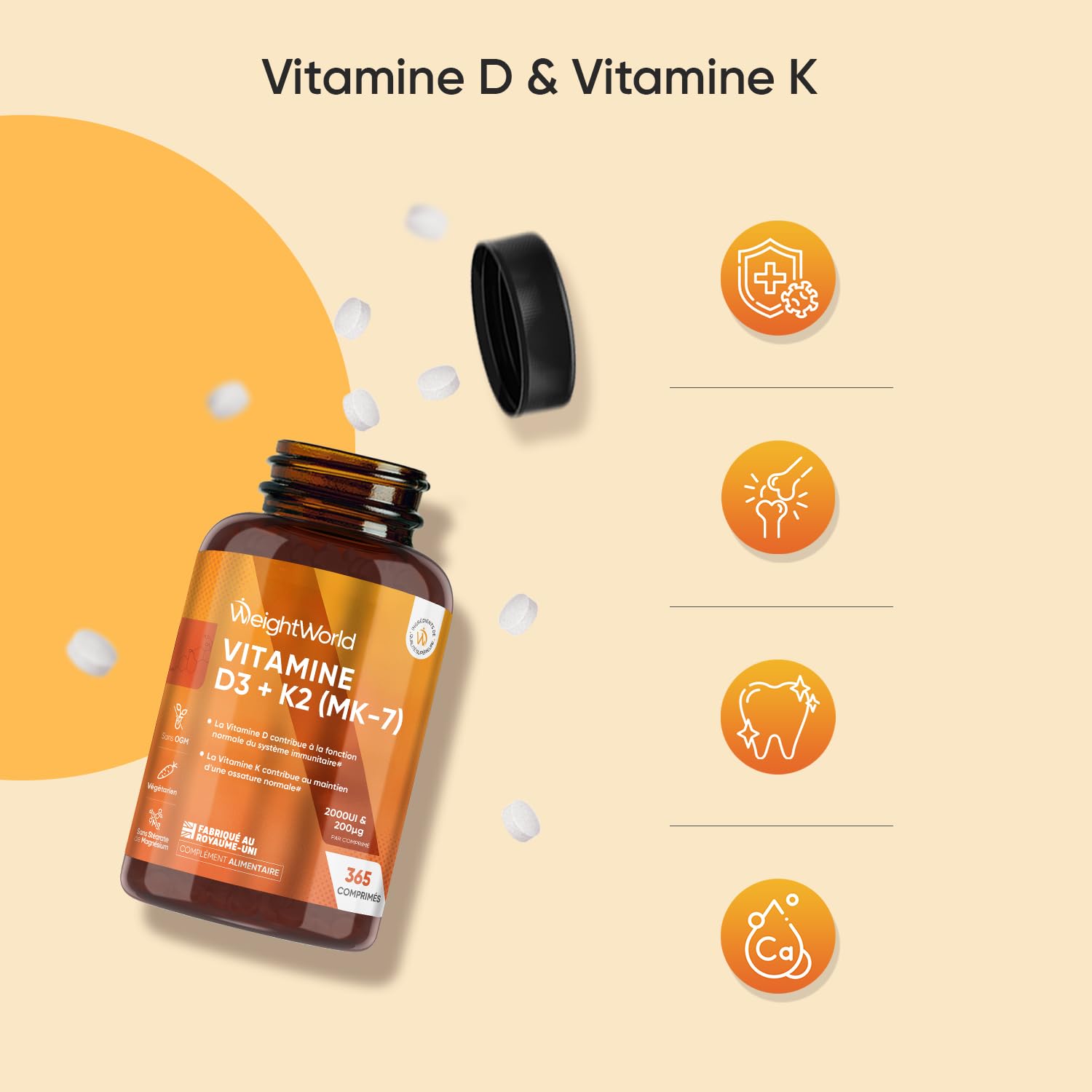 Vitamine D3 K2 MK7, 365 Micro-Comprimés Végétariens (pour 1 An), Combinaison Vit D3 2000UI Cholécalciférol avec Vitamine K2 MK7 200μg Ménaquinone, sans Stéarate de Magnésium