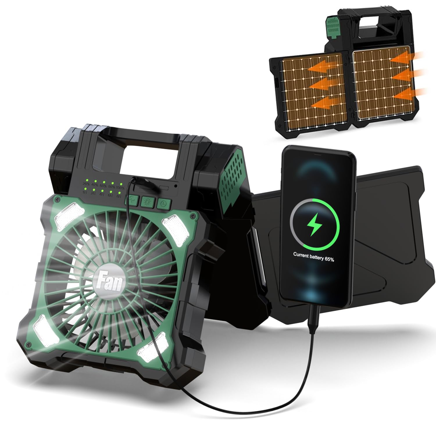 【2026年 2枚強化したソーラーパネル】VIGOUROUS ソーラーファン 5200mah キャンプ扇風機 5段階風量 ライト付携帯扇風機 3段階ライト 5段階切りタイマー 5V2A usb充電 ソーラー充電 サーキュレーター 卓上 アウトドア 防災 キャンプ用品 車中泊 コンパクト 持ち運び便利 前後90°回転 23*17*7.7㎝ グリーン