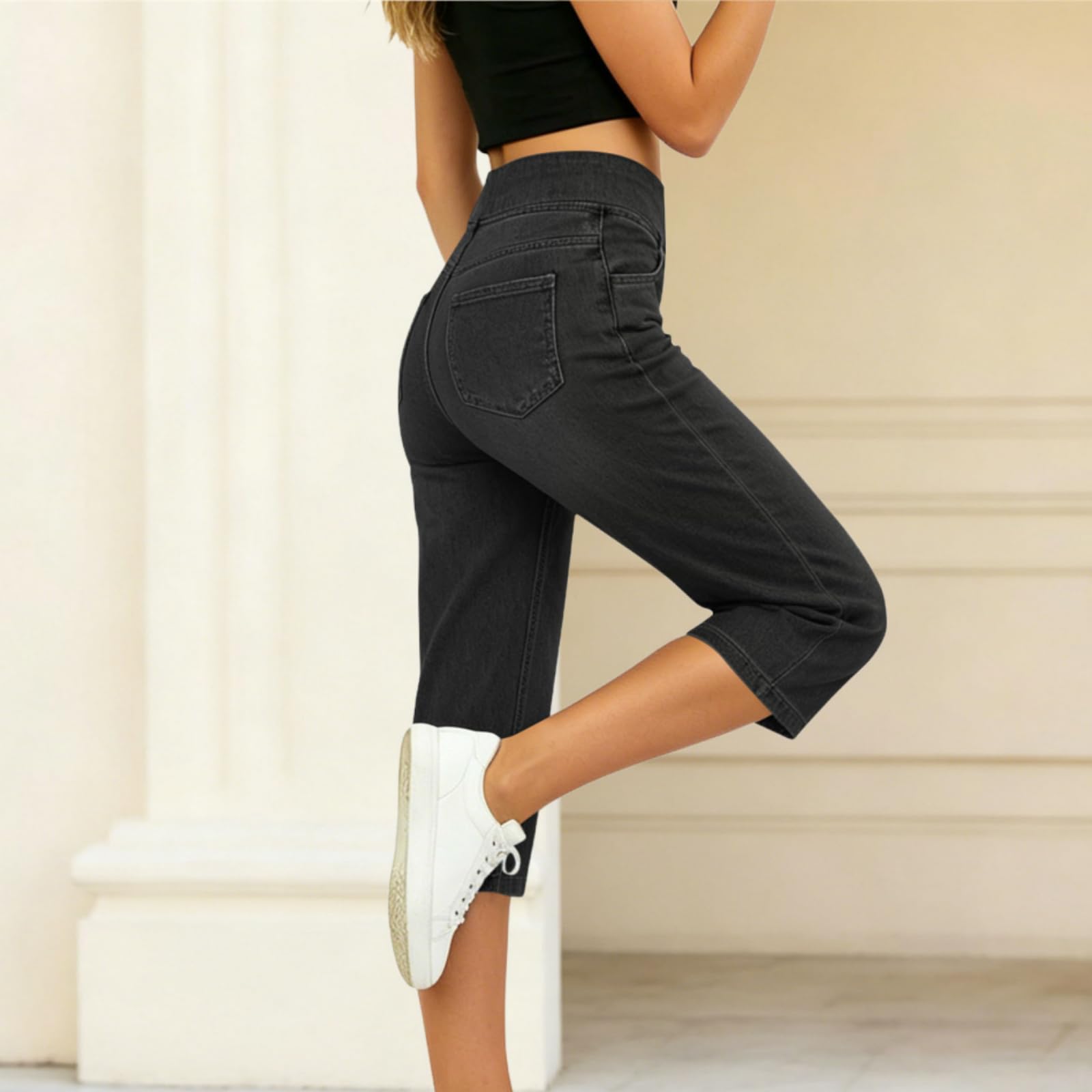 Genérico Pantalones Vaqueros Tobilleros para Mujer con Cintura elástica | Pantalones capri casuales de verano, suaves y de tiro alto con bolsillos; estilo pierna ancha y tendencia Y2K, ideales para v