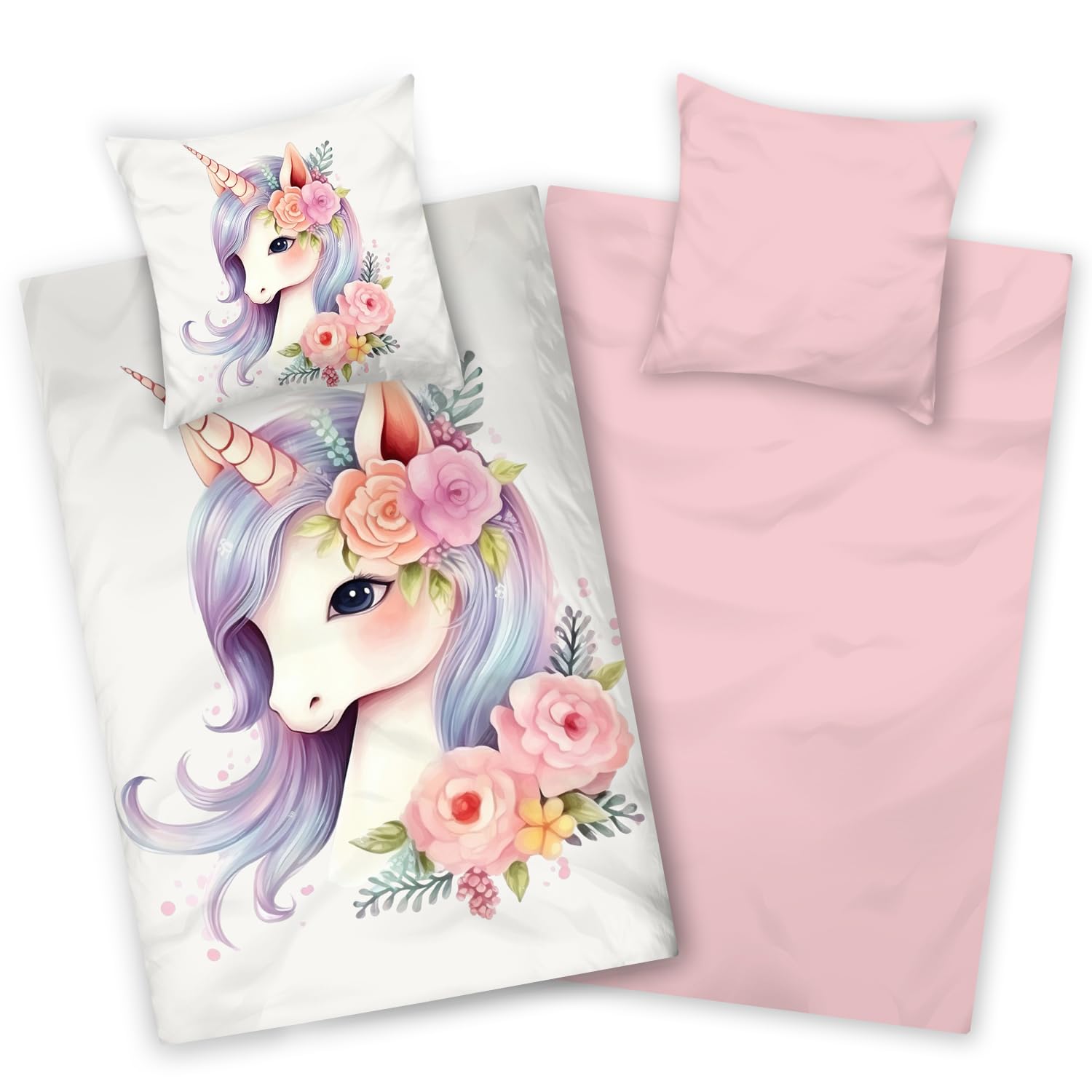 Aminata kids Bettwäsche Einhorn 135x200 Mädchen 100% Baumwolle rosa - Kinder Wende-Bettwäsche-Set mit Unicorn