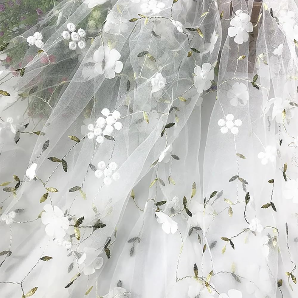 – White Embroidered Floral Lace Fabric for Tulle Dresses, 6ft x 47in DIY Cuttable Decorative Lace for Skirt Curtain Gown, Wedding Dress Curtain Decor