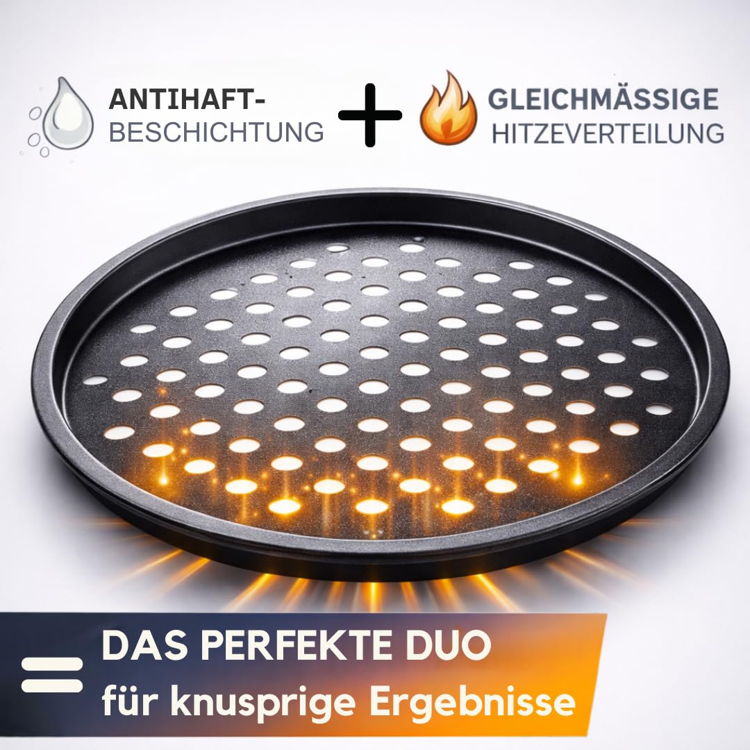 Lot de 4 plaques à pizza Ø 32 cm - Plaque ronde perforée pour pizza et tarte flambée en acier - Revêtement antiadhésif - Résistant à la chaleur jusqu'à 250° - Anthracite