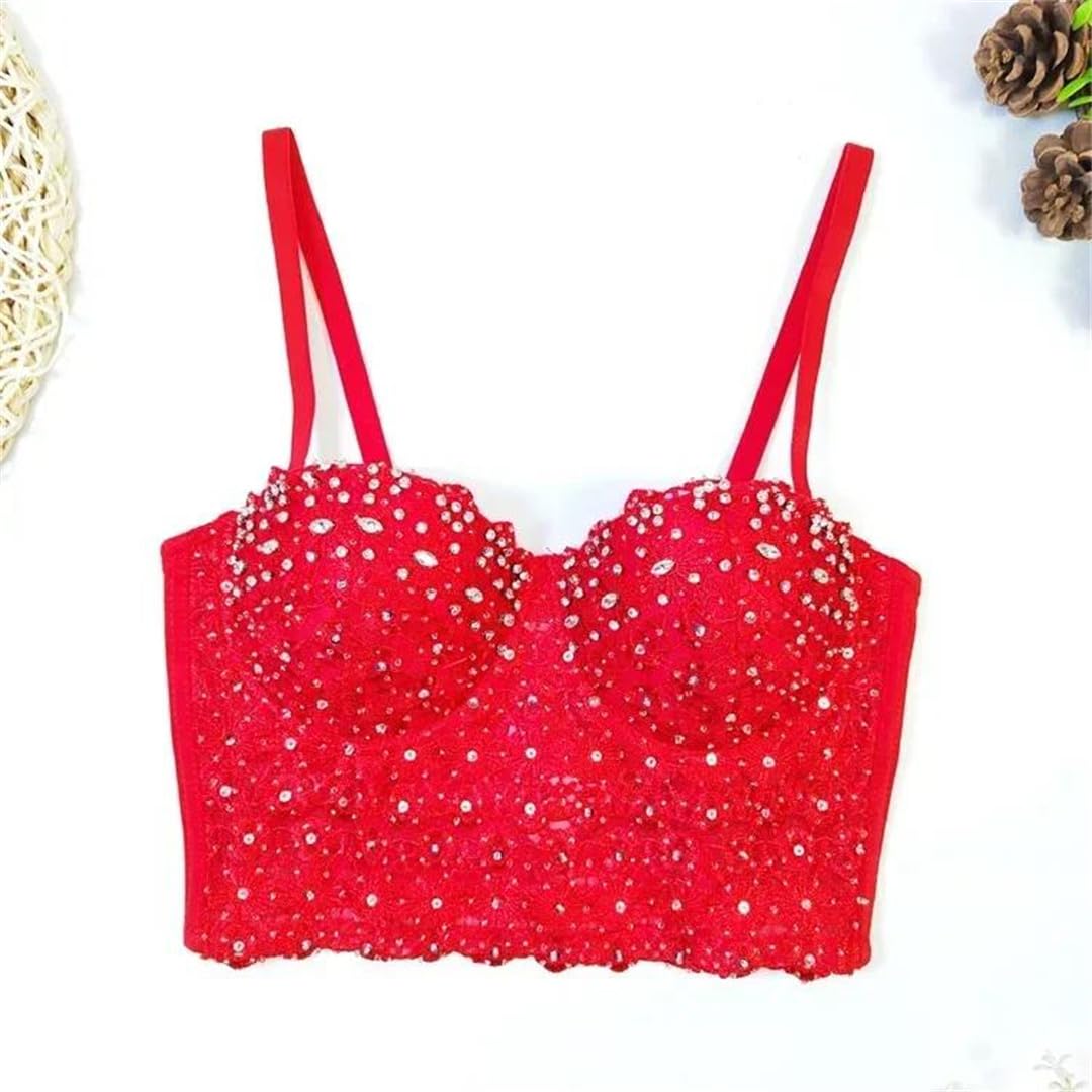 Yeuyyben Top corto de encaje con hombros descubiertos y diamantes de imitación para mujer, corte ajustado, sin mangas, para verano, casual, elegante, blanco, M