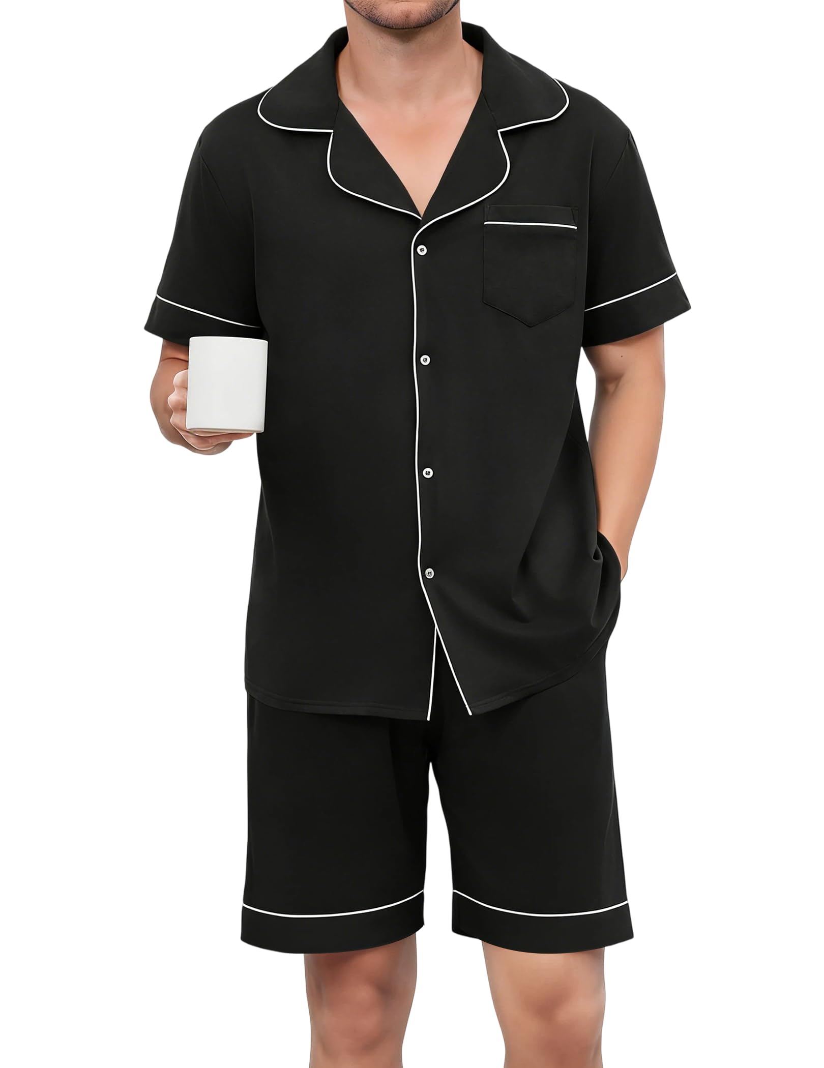 reliwel Men's Short Sleeve Pajama Set Classic Button Down Pajamas Cotton Short Sleepwear Elegant Lounge Summer Mens Pjs Sets-picture-28