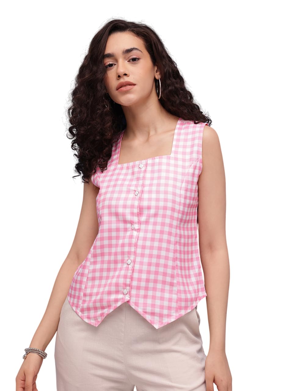 amazon brand - inkast Women Square Neck Waistcoat Blouse with Pointed Hem|Casual Wear Top|Sleeveless Vest|-picture-32
