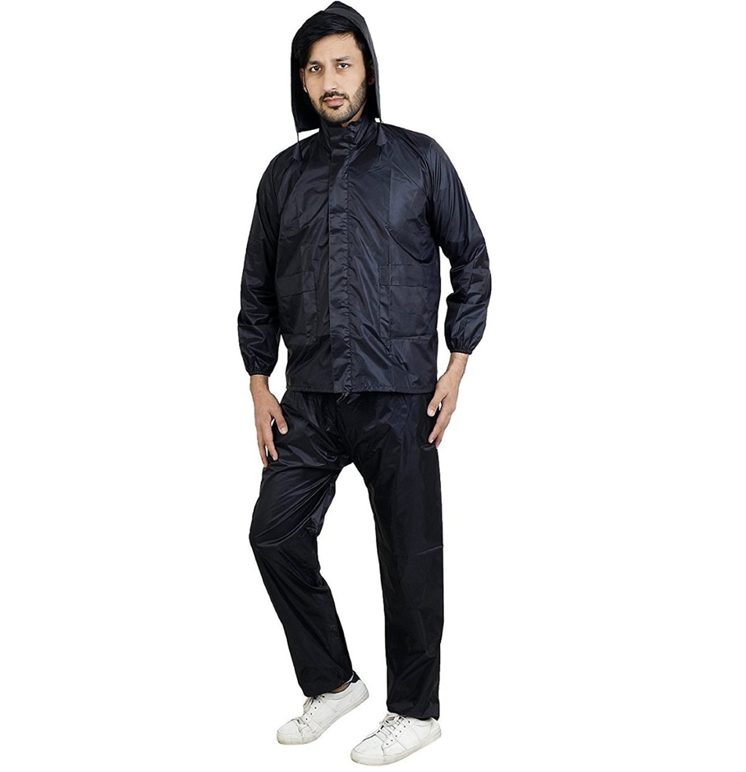 100% Waterproof Semi-Nylon Zipper Raincoat With Jacket, Hood and Pant With Pockets for Men and Women (Black & Blue)-image-42