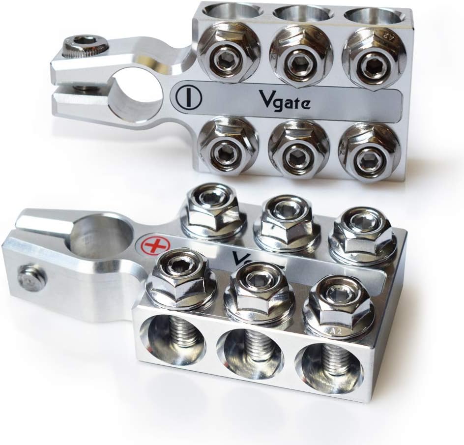 Vgate Lead Acid Battery Terminal Clamps, 8AWG up to 4/0(XL) AWG Gauge, 12-Way Connectors, Positive and Negative (+/-)(Pair) for SAE/DIN/EN Tapered Top Post